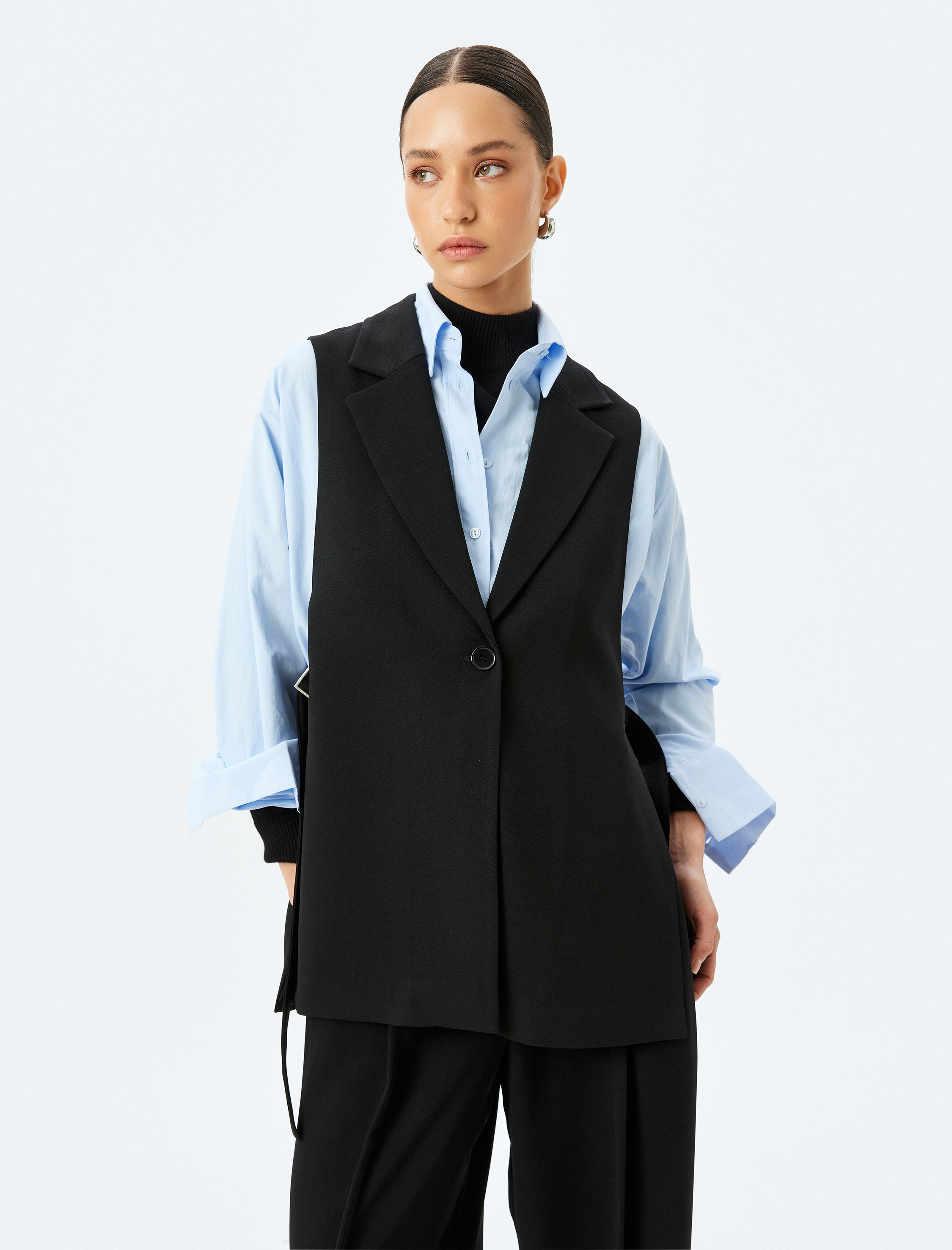   Krep Kumaş Yanları Bağlamalı Kruvaze Uzun Yelek