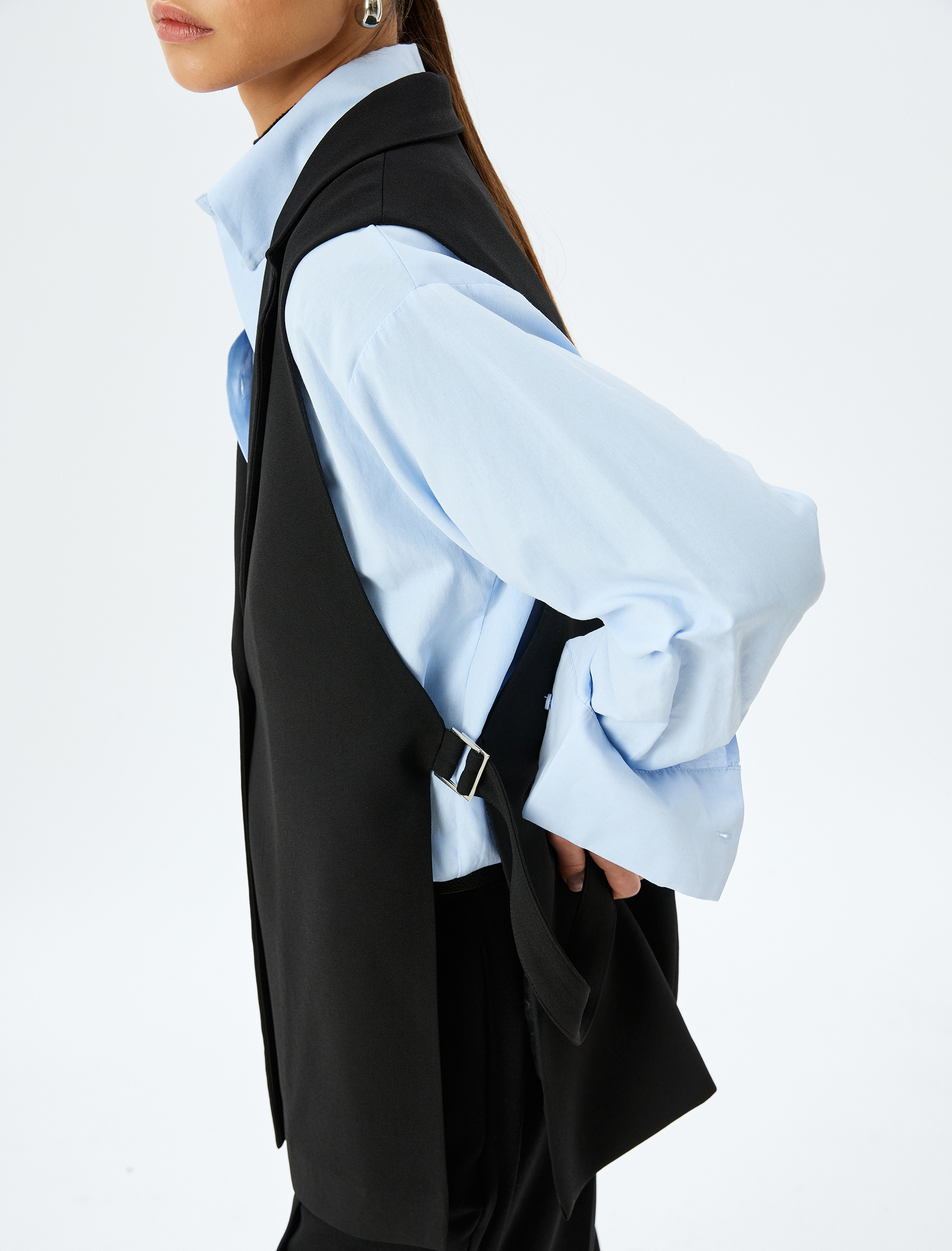   Krep Kumaş Yanları Bağlamalı Kruvaze Uzun Yelek