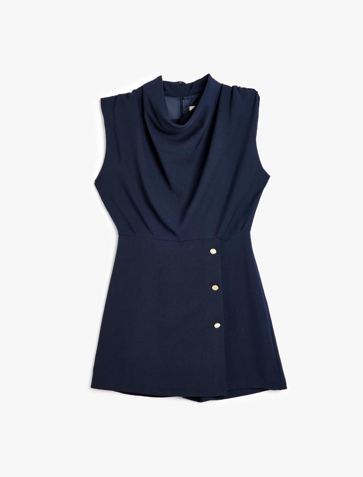  Krep Kumaş Drape Detaylı Degaje Yaka Kolsuz Mini Elbise