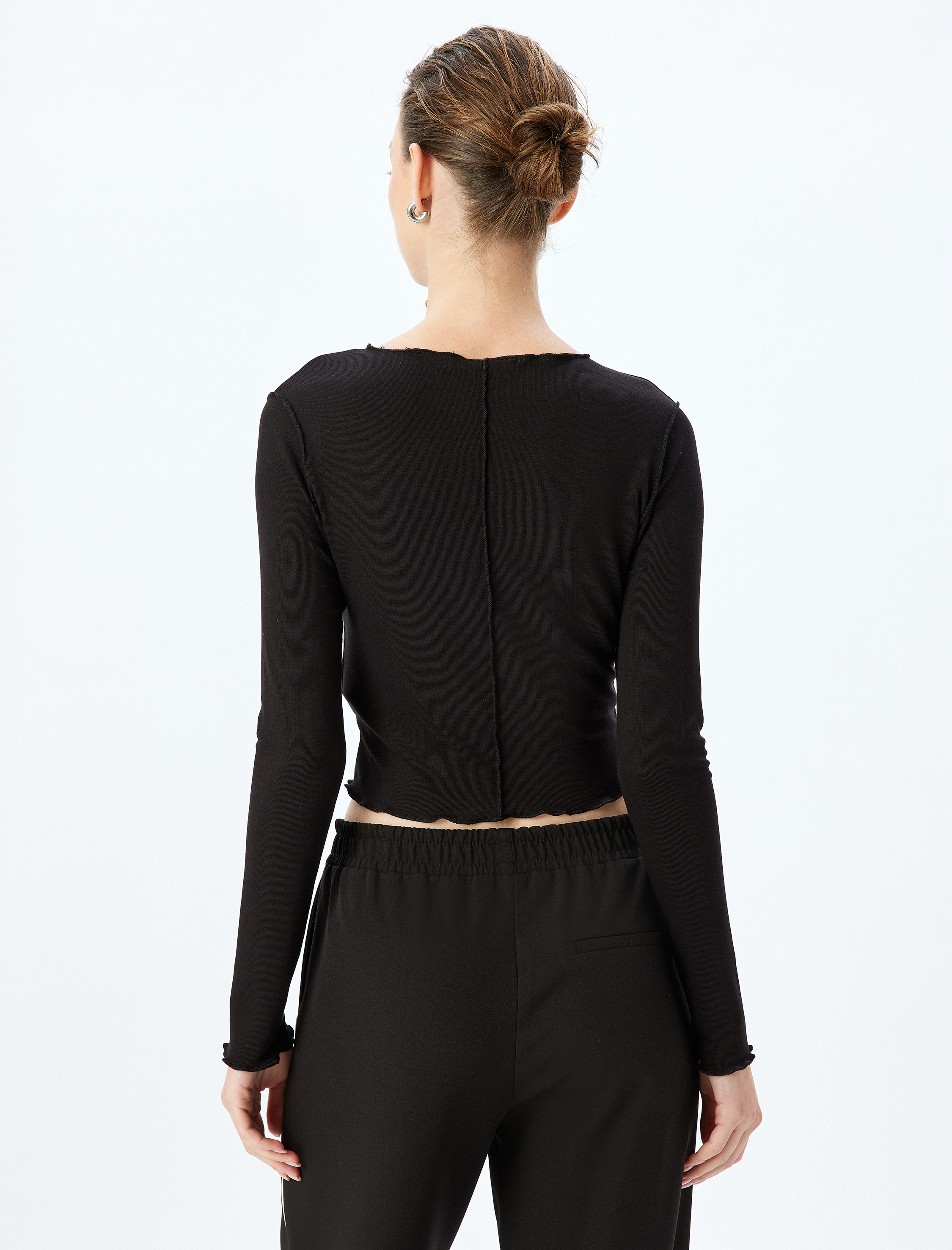   Viskon Dikiş Detaylı Uzun Kollu Bisiklet Yaka Tişört