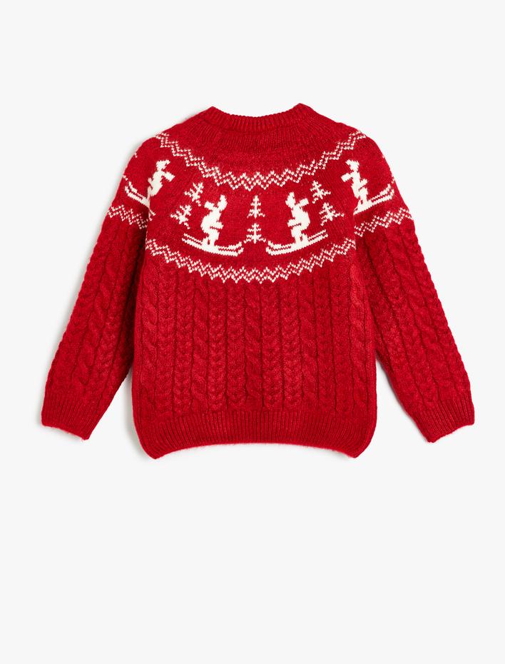 Kız Çocuk Triko Kazak Kayak Desenli Uzun Kollu Yuvarlak Yaka