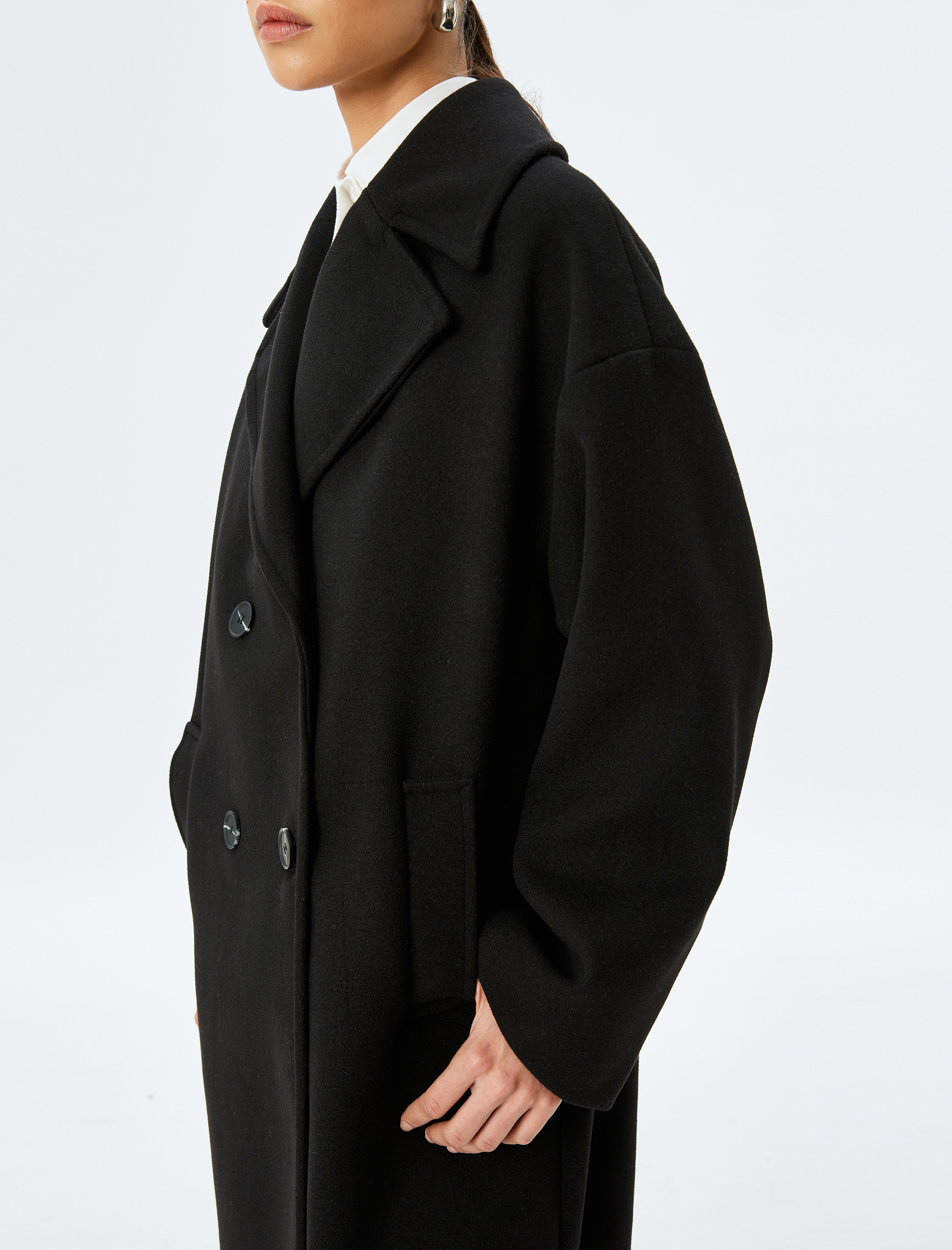   Cepli Düğmeli Kruvaze Uzun Oversize Kaşe Kaban