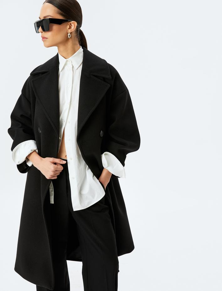  Cepli Düğmeli Kruvaze Uzun Oversize Kaşe Kaban