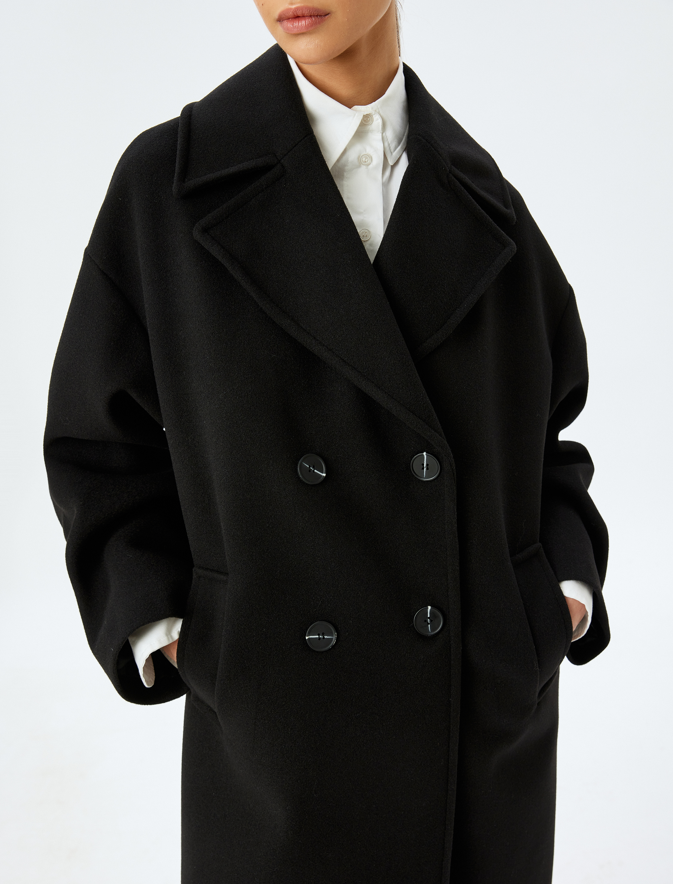   Cepli Düğmeli Kruvaze Uzun Oversize Kaşe Kaban