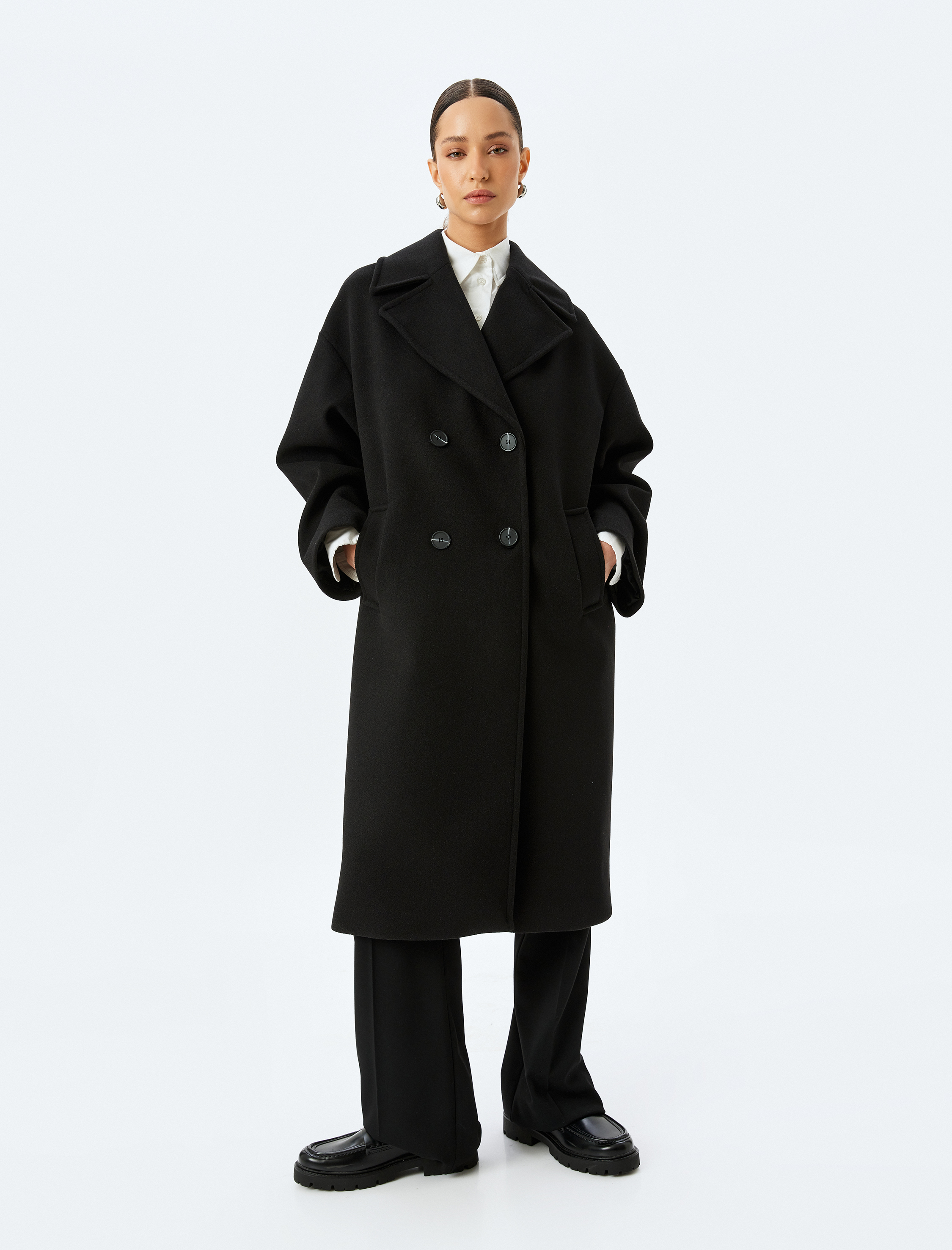   Cepli Düğmeli Kruvaze Uzun Oversize Kaşe Kaban