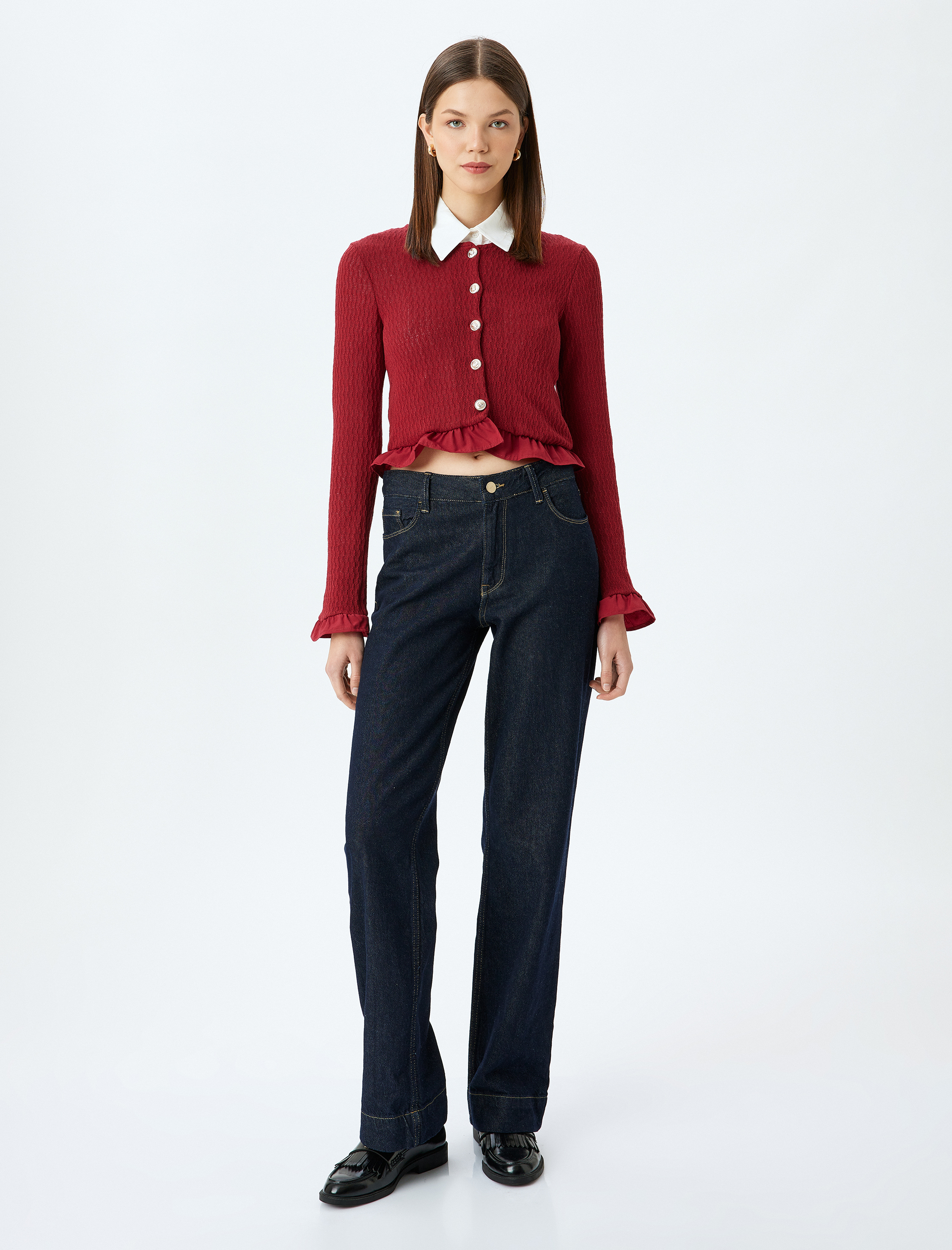   Crop Hırka Düğmeli Fırfır Detaylı Bisiklet Yaka Slim Fit