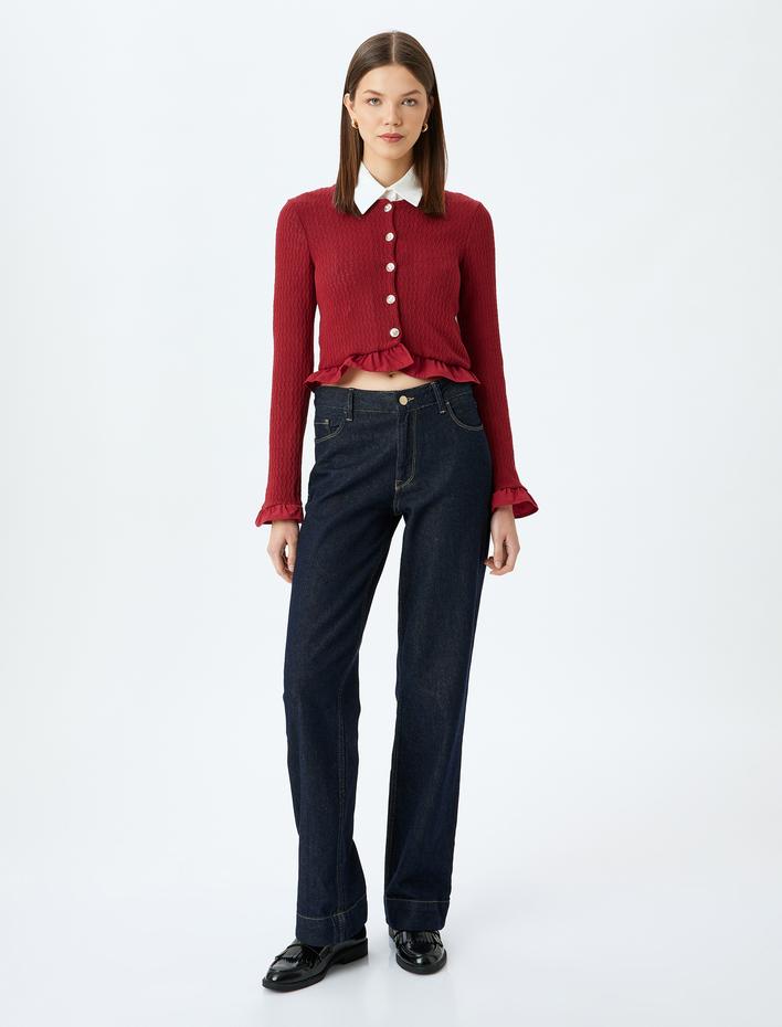  Crop Hırka Düğmeli Fırfır Detaylı Bisiklet Yaka Slim Fit