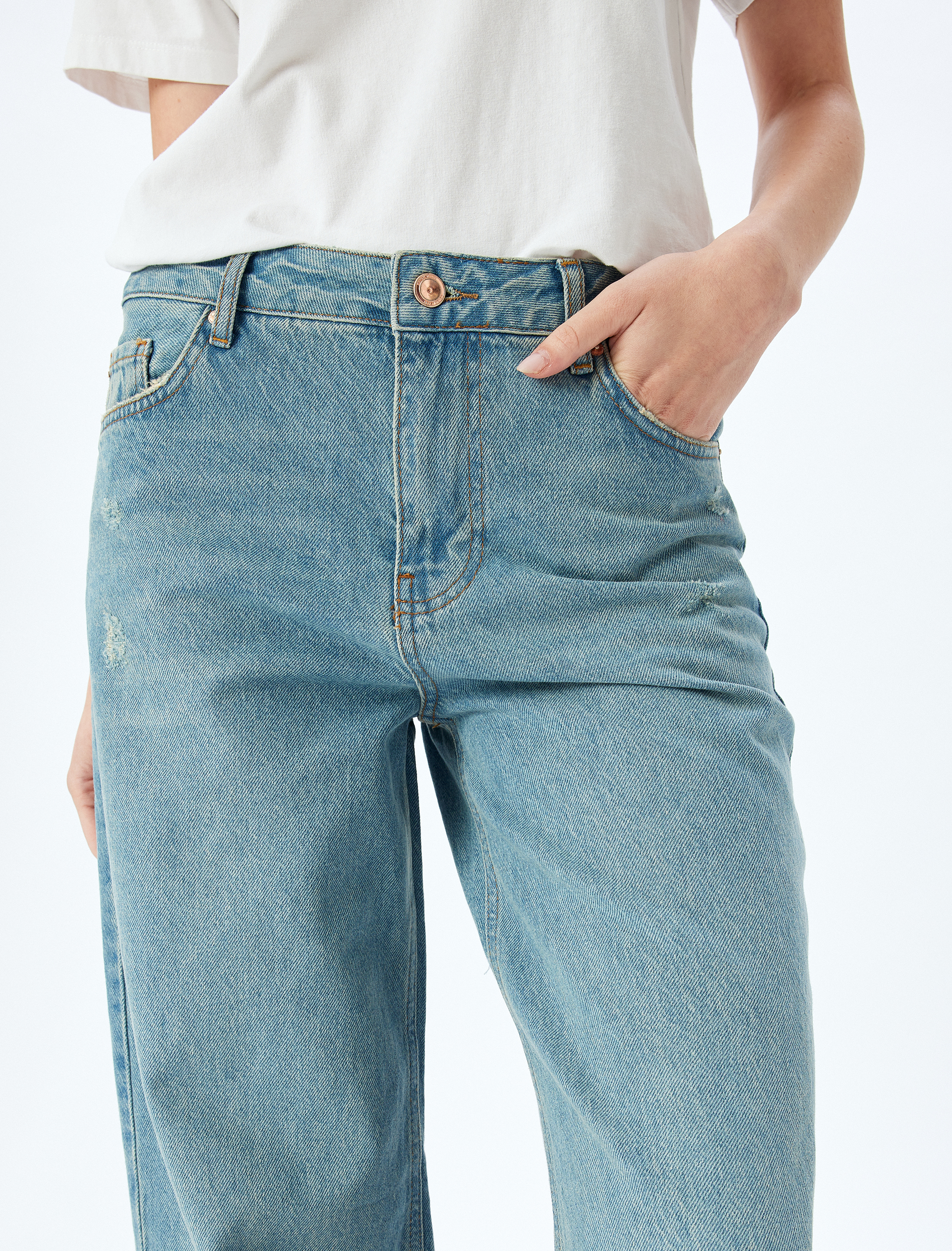   Geniş Paça Normal Bel Düğmeli Cepli Kot Pantolon - Wide Leg Jean