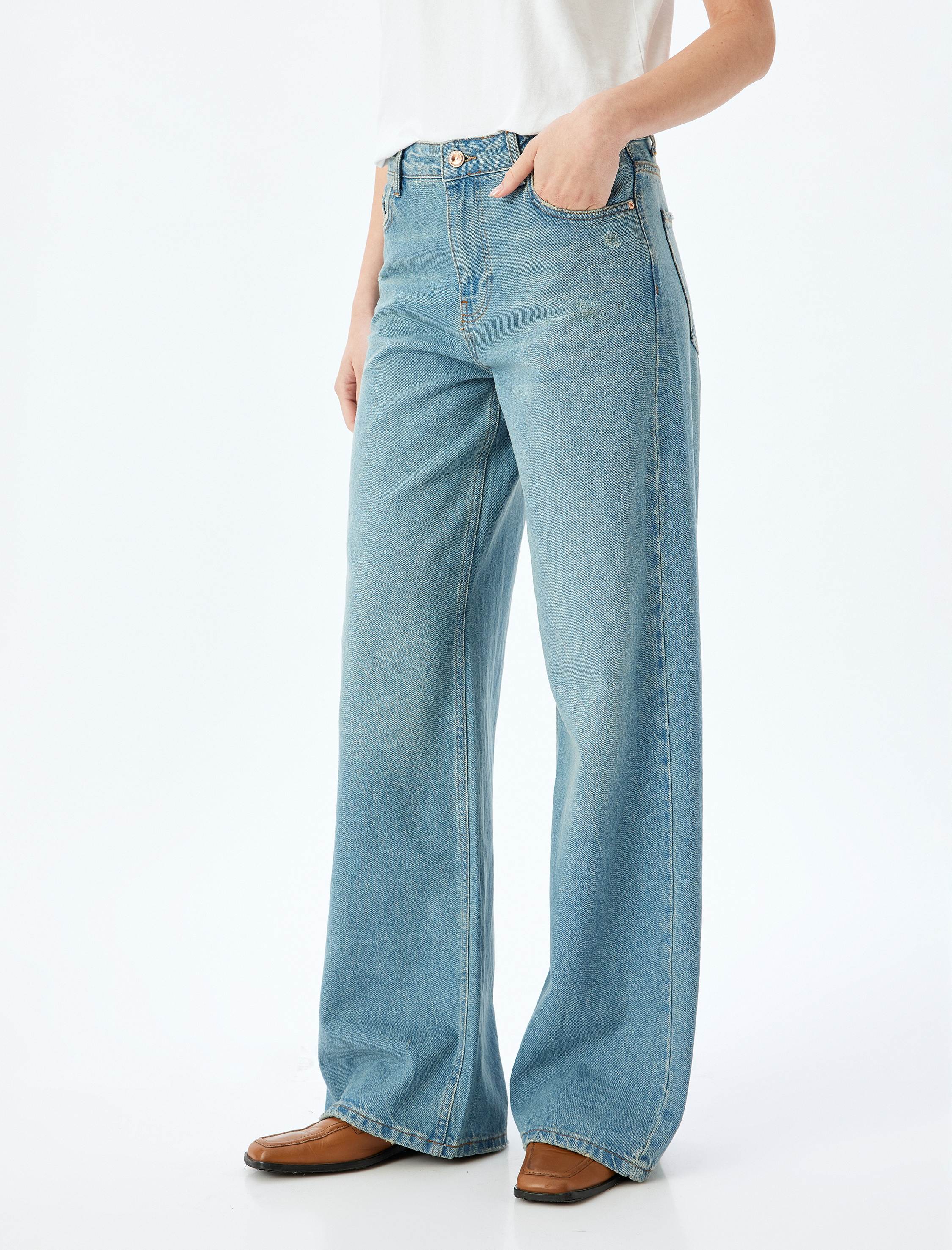   Geniş Paça Normal Bel Düğmeli Cepli Kot Pantolon - Wide Leg Jean