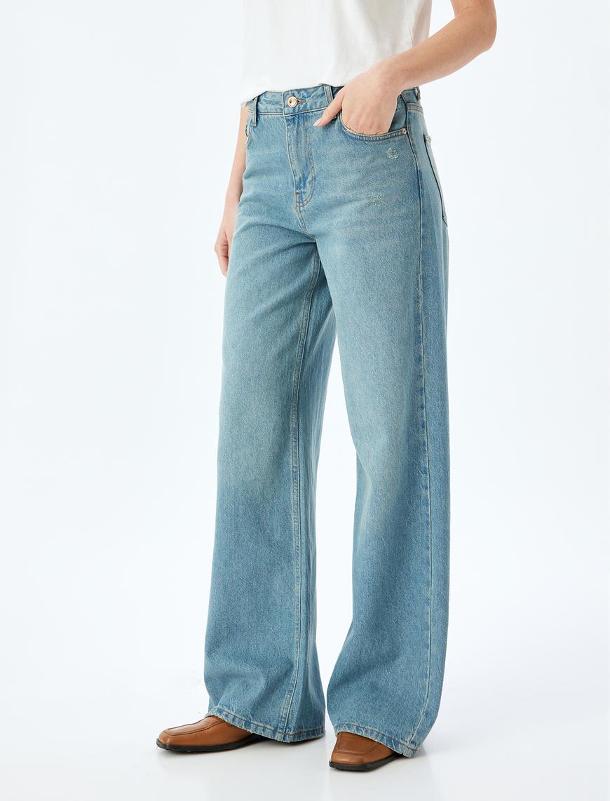   Geniş Paça Normal Bel Düğmeli Cepli Kot Pantolon - Wide Leg Jean