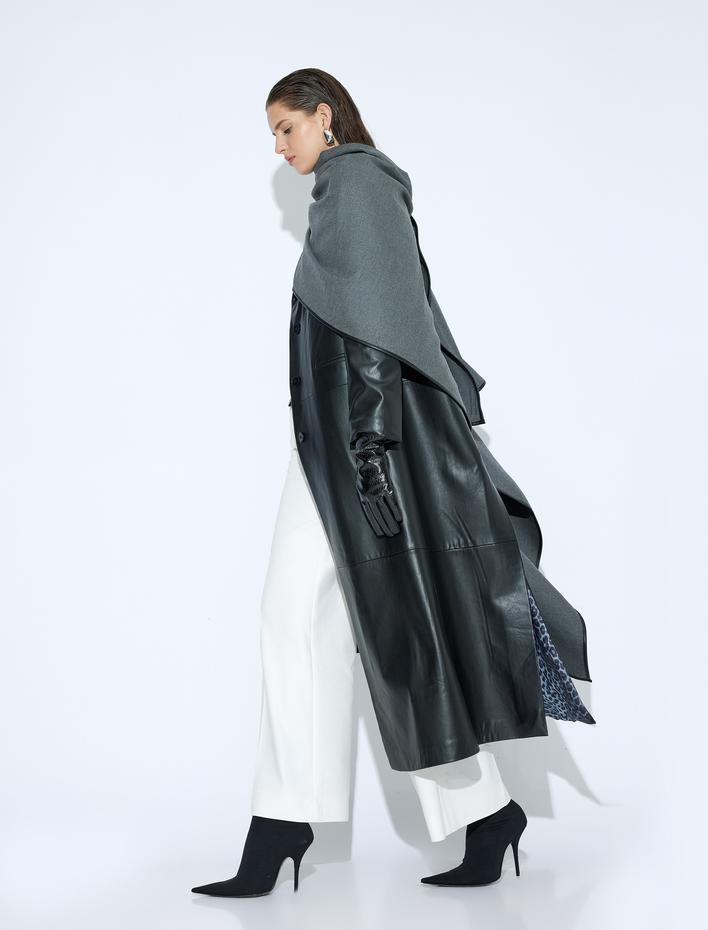  Ekstra Uzun Suni Deri Trençkot Kruvaze Düğmeli Cepli