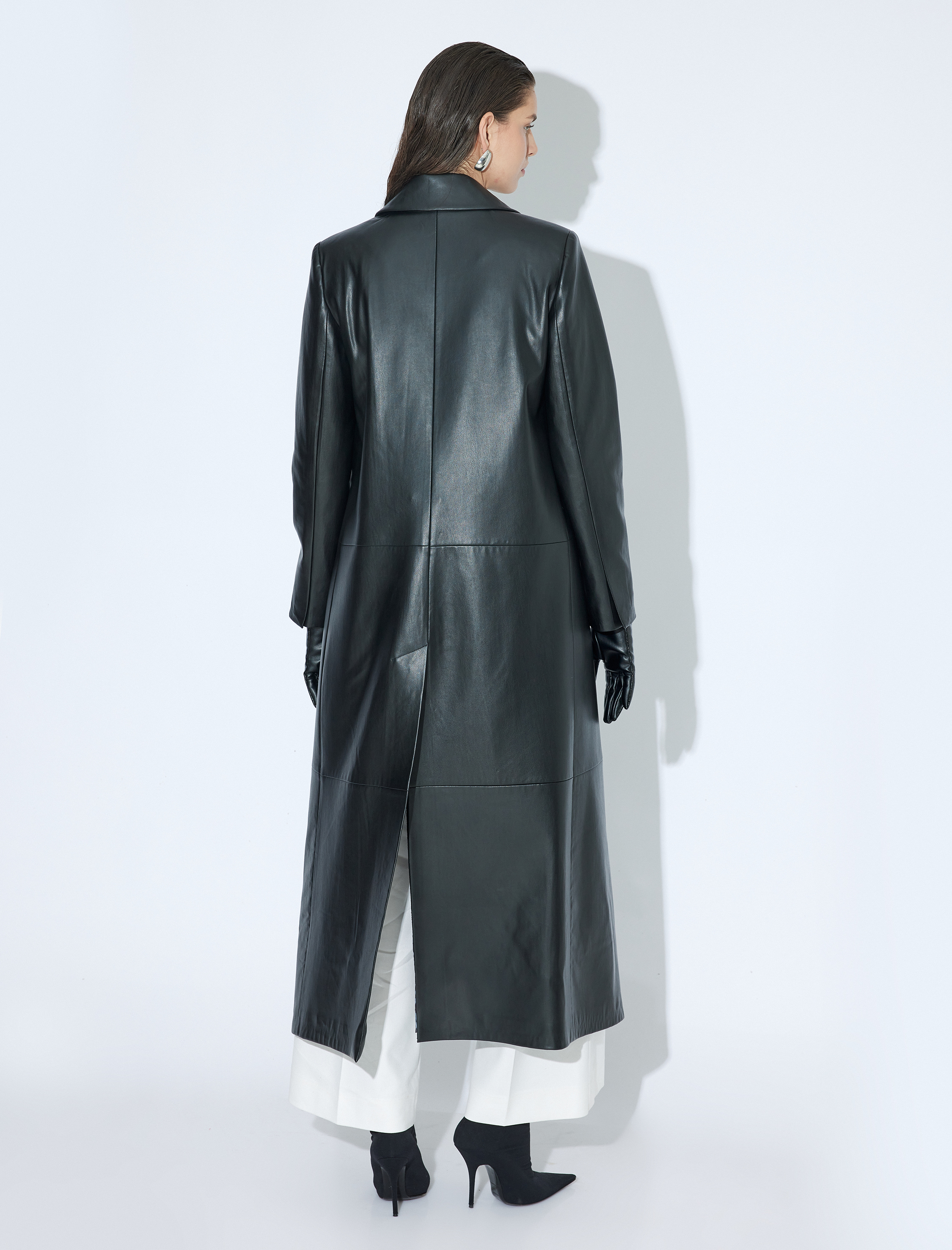 Ekstra Uzun Suni Deri Trençkot Kruvaze Düğmeli Cepli