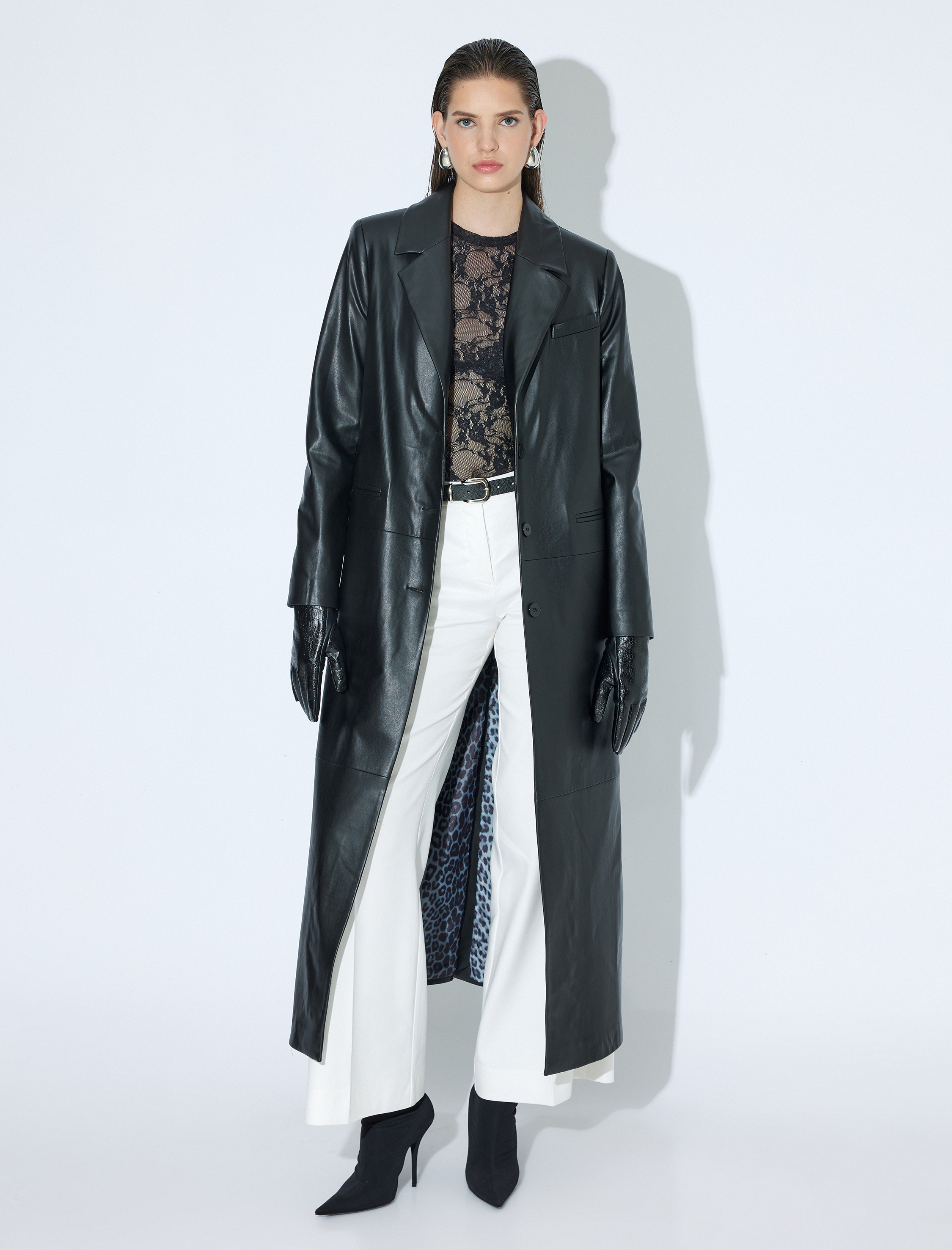 Ekstra Uzun Suni Deri Trençkot Kruvaze Düğmeli Cepli