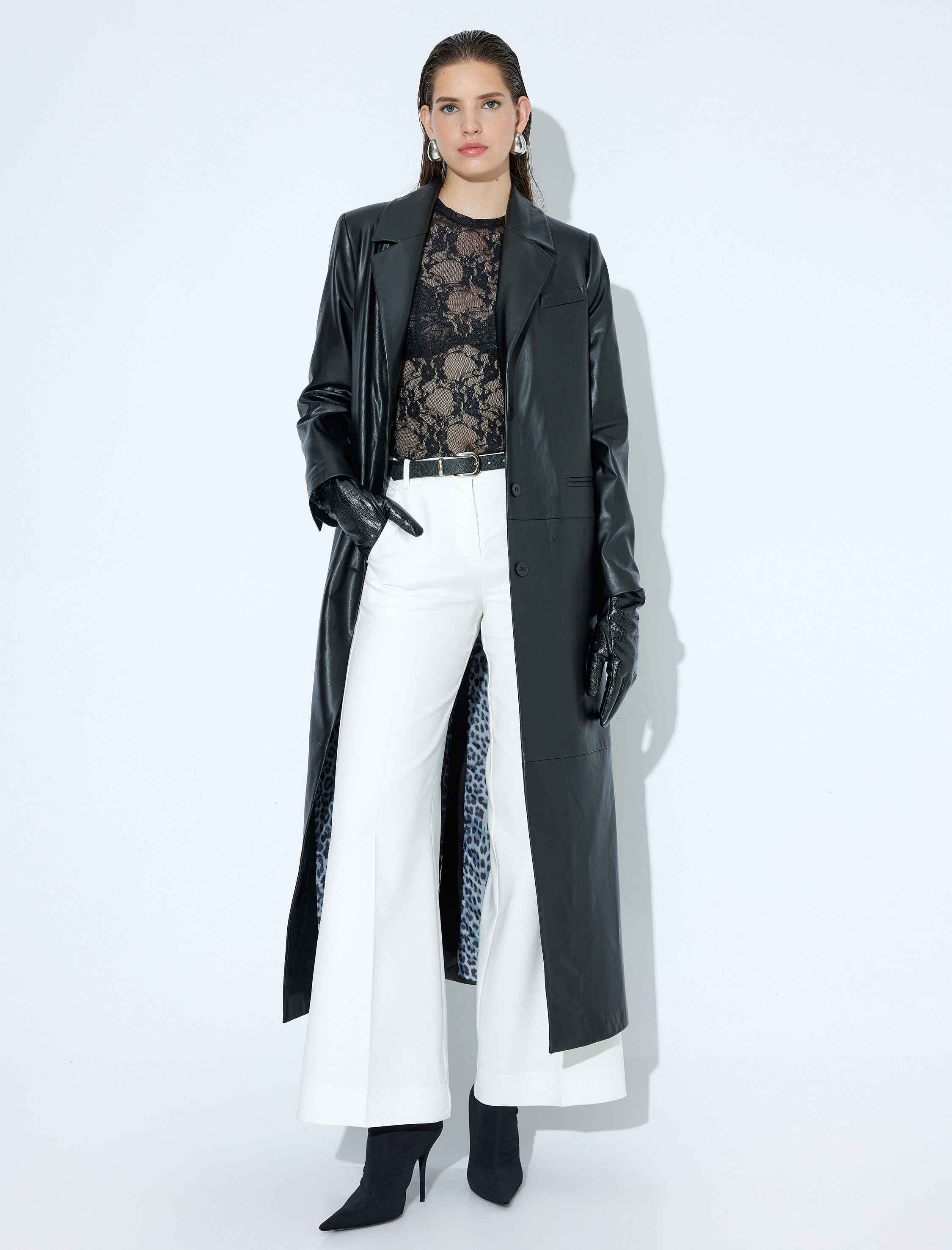 Ekstra Uzun Suni Deri Trençkot Kruvaze Düğmeli Cepli