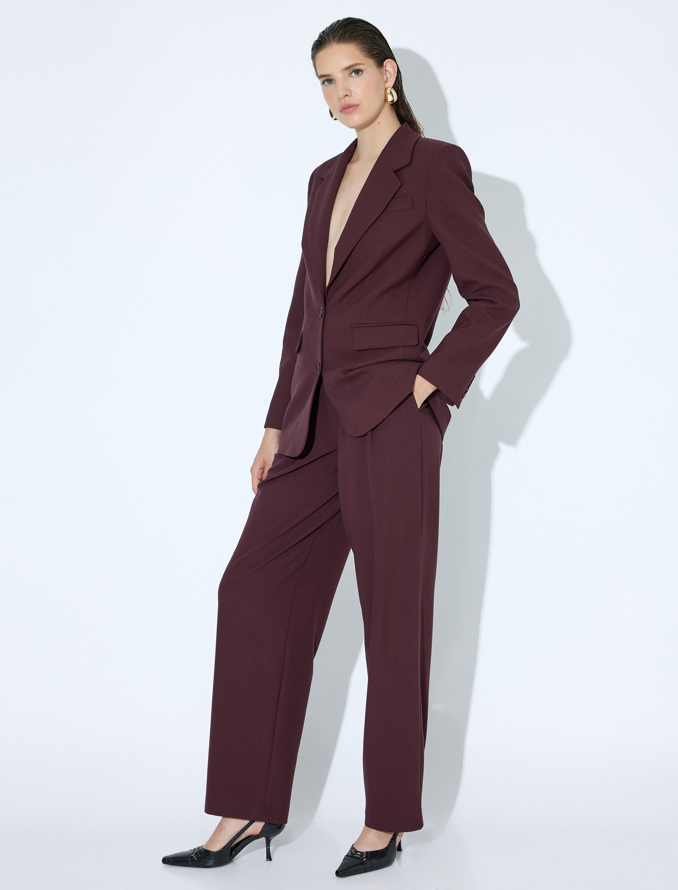   Viskon Kumaş Karışımlı Yüksek Bel Geniş Paça Cepli Kumaş Pantolon