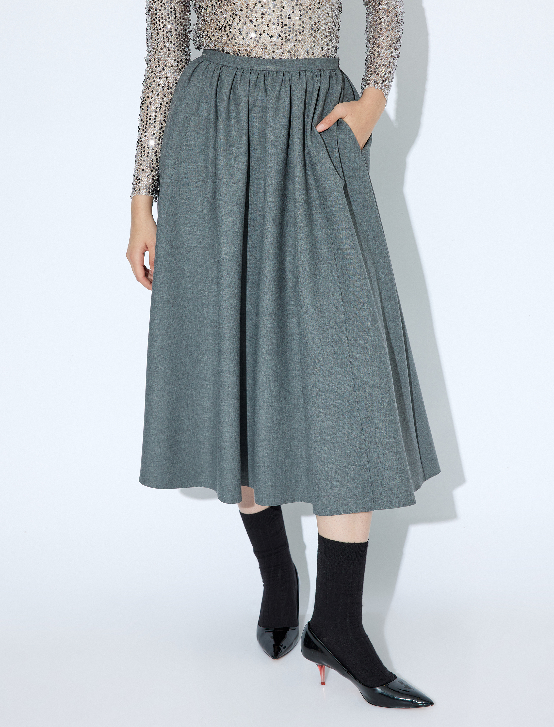 Volanlı Cepli Midi Boy A Kesim Kumaş Etek