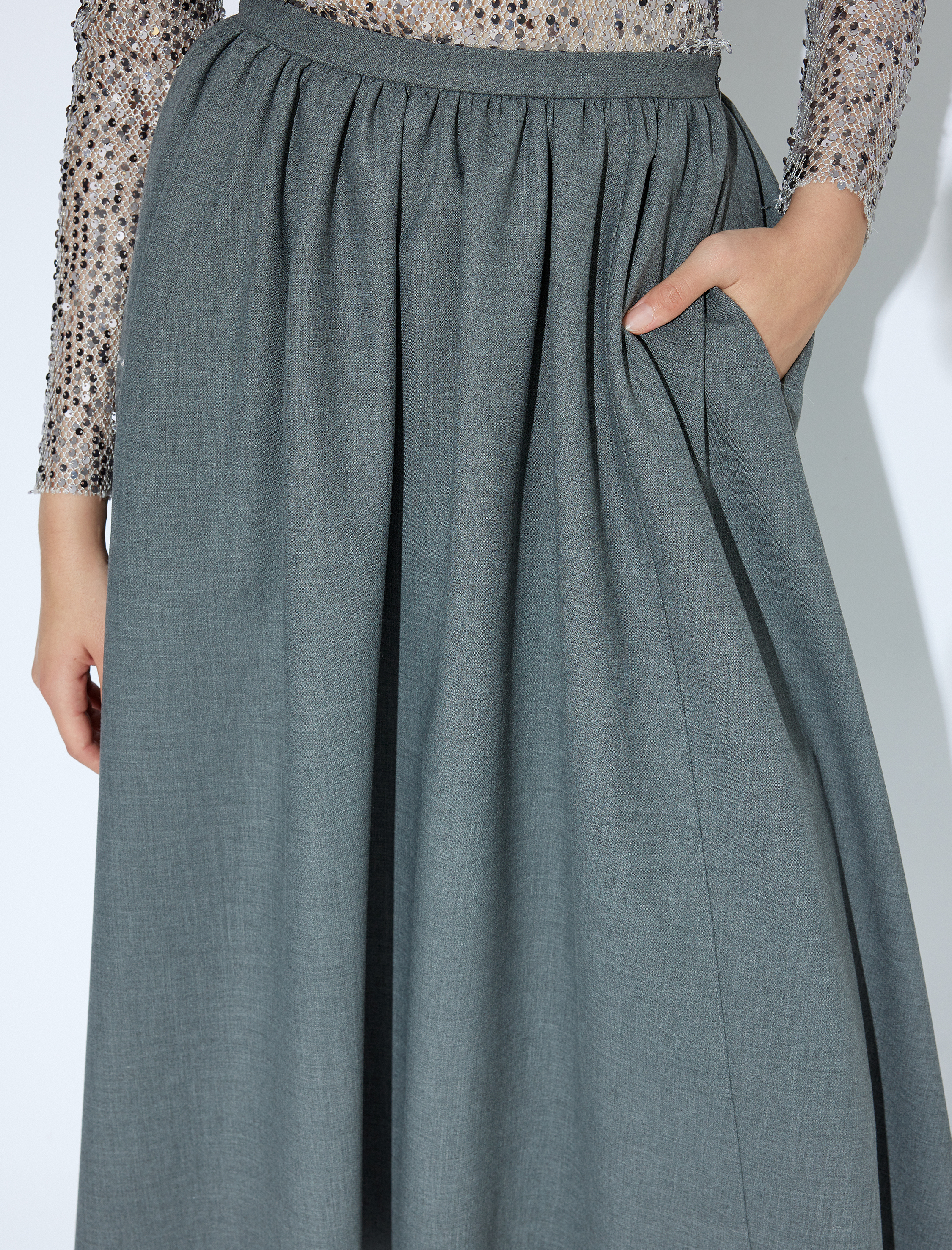 Volanlı Cepli Midi Boy A Kesim Kumaş Etek