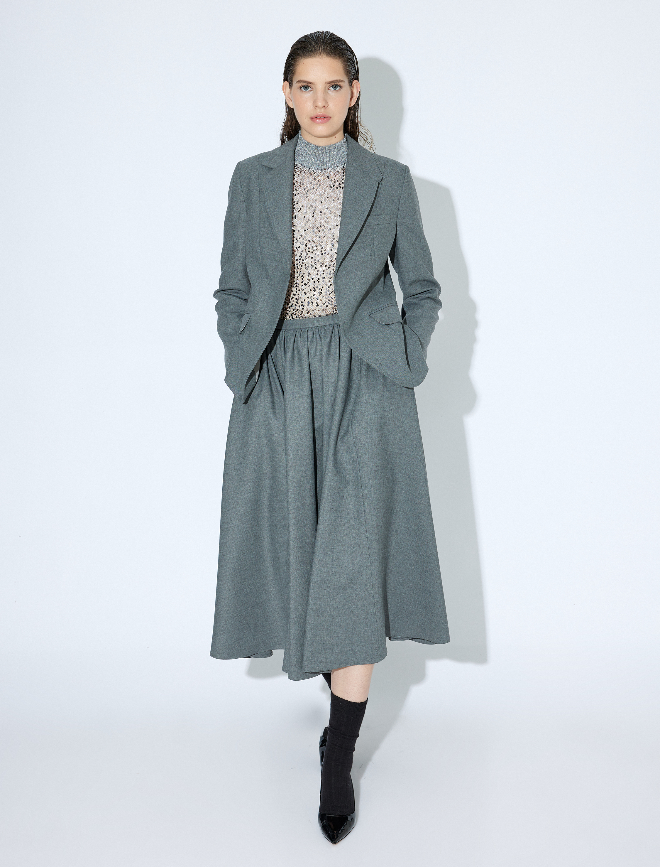 Volanlı Cepli Midi Boy A Kesim Kumaş Etek