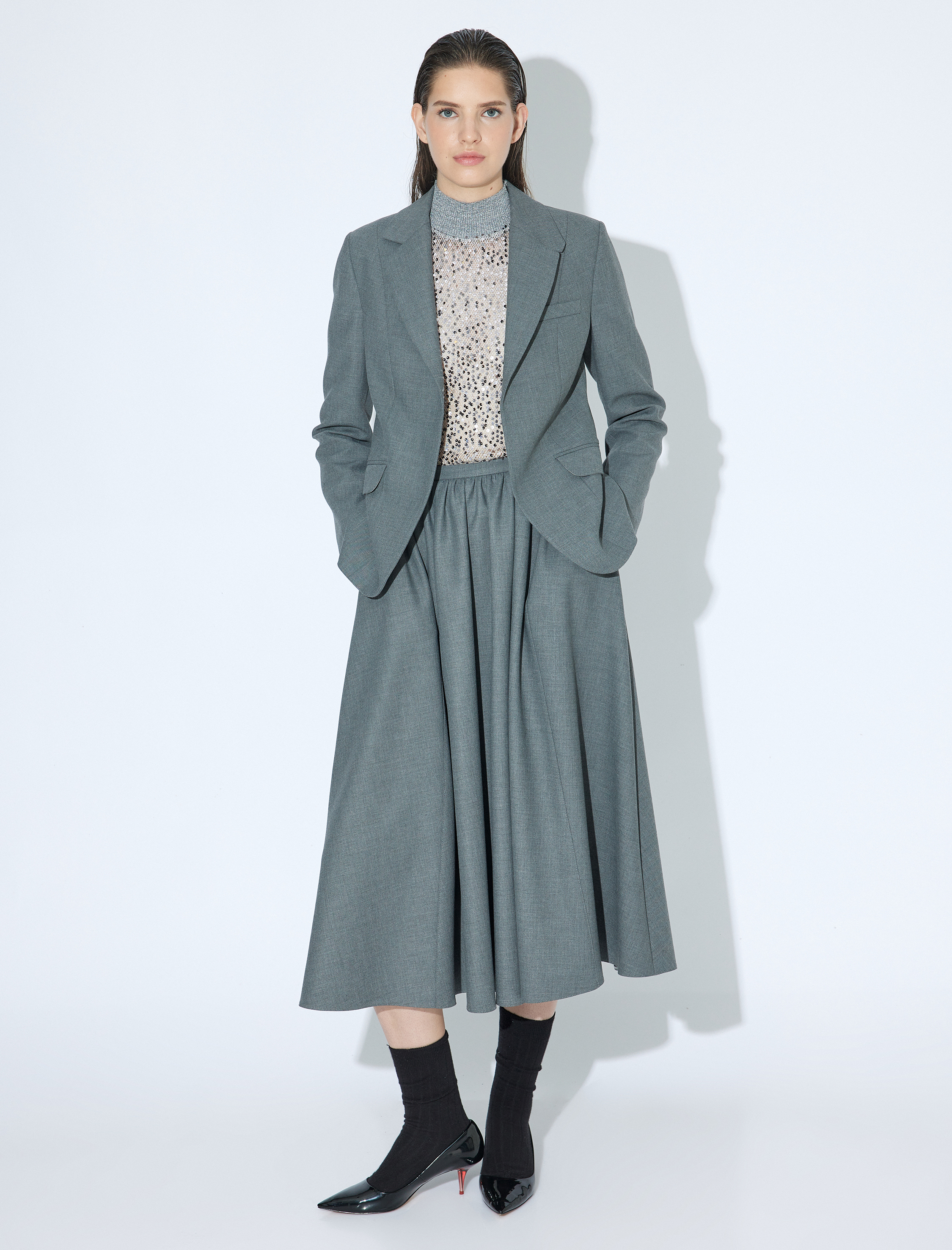 Volanlı Cepli Midi Boy A Kesim Kumaş Etek