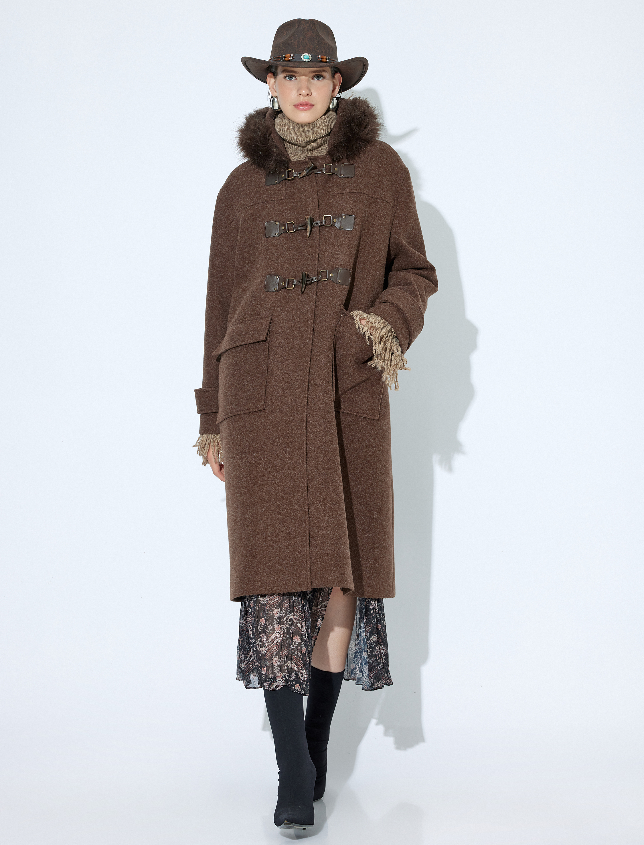   Suni Kürk Yaka Kapüşonlu Uzun Kaşe Kaban Cepli Metal Kapama Detaylı