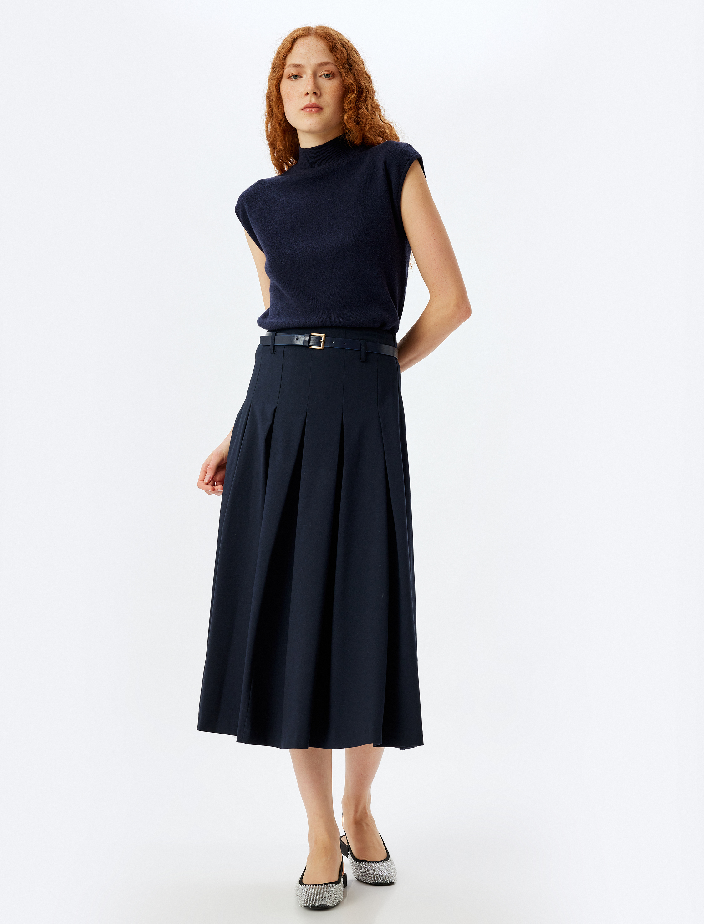   Kemerli Rahat Kalıp Midi Boy Pileli Etek