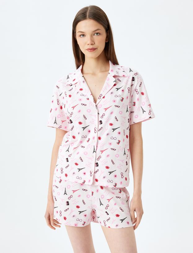 Örme Paris Temalı Kalpli Şortlu Pijama Takımı_1