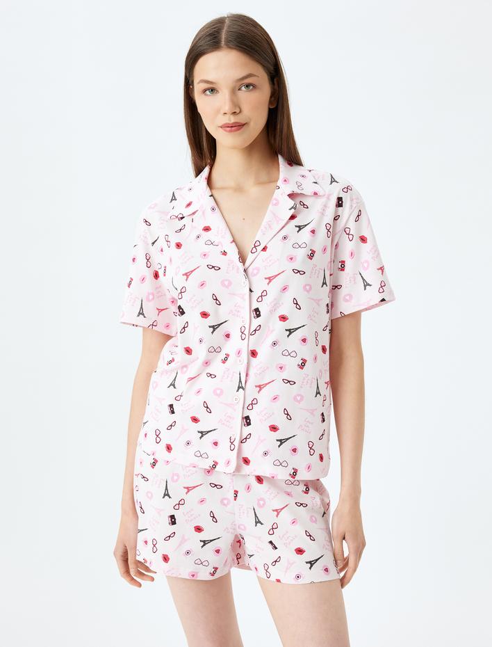  Örme Paris Temalı Kalpli Şortlu Pijama Takımı