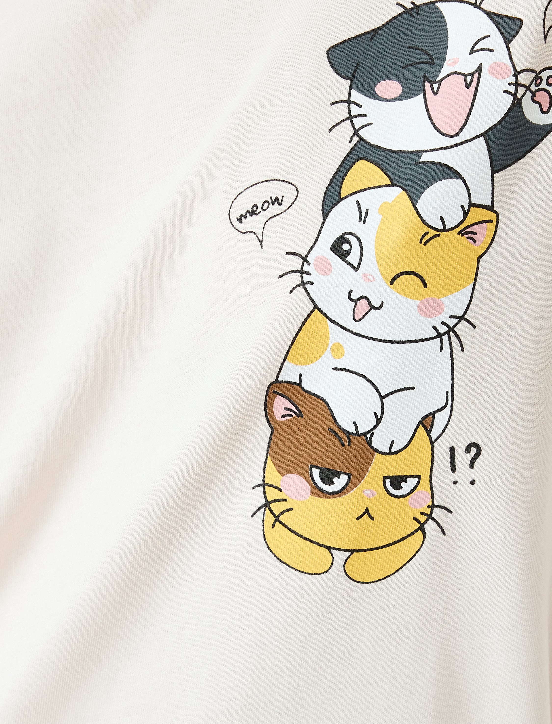   Kedi Baskılı Bisiklet Yaka Kısa Kollu Rahat Kalıp Tişört