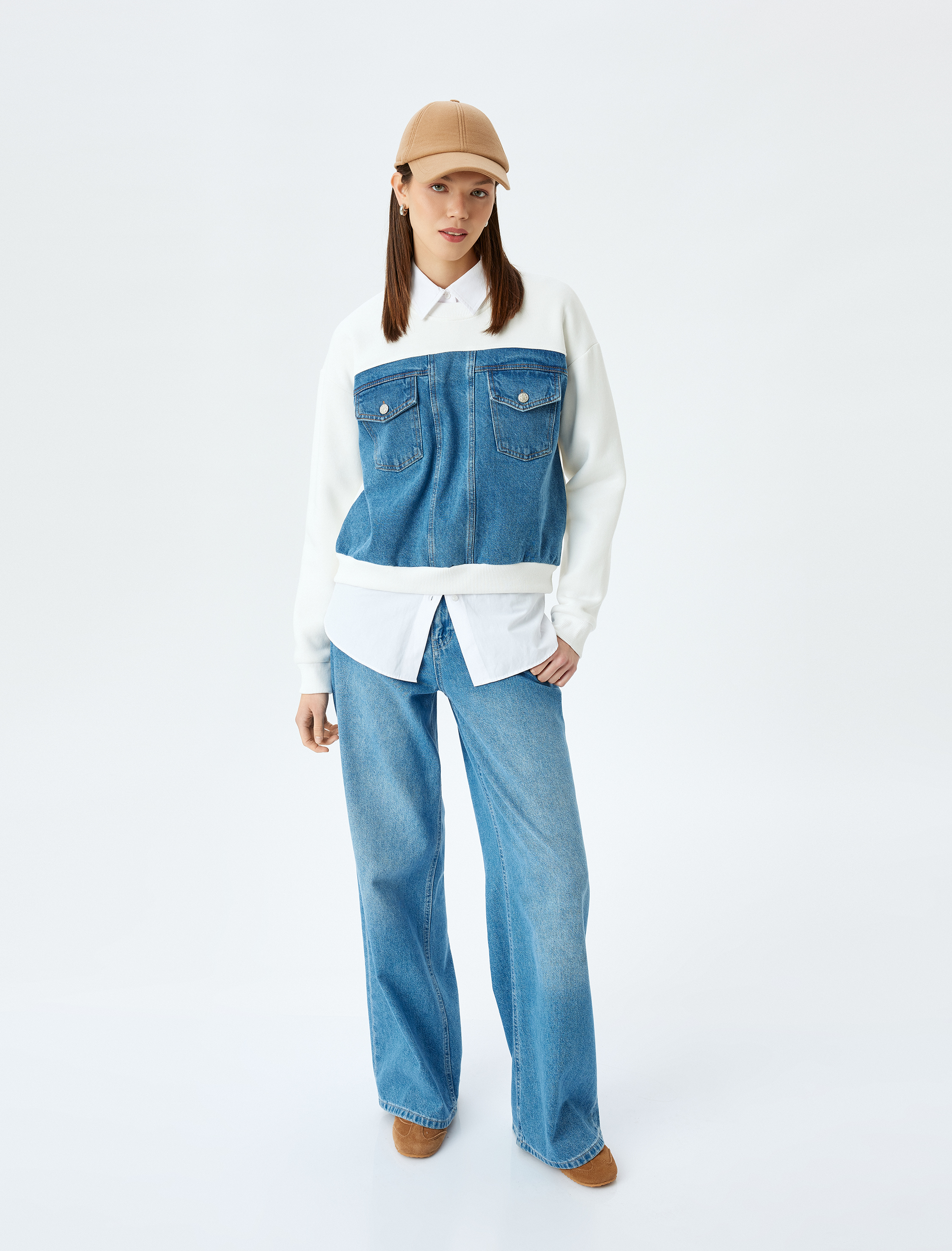   Şardonlu Bisiklet Yaka Uzun Kollu Denim Kumaş Detaylı Cepli Sweatshirt