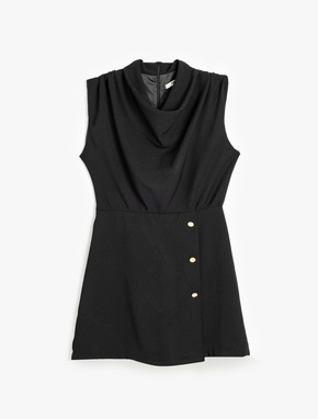 Krep Kumaş Drape Detaylı Degaje Yaka Kolsuz Mini Elbise