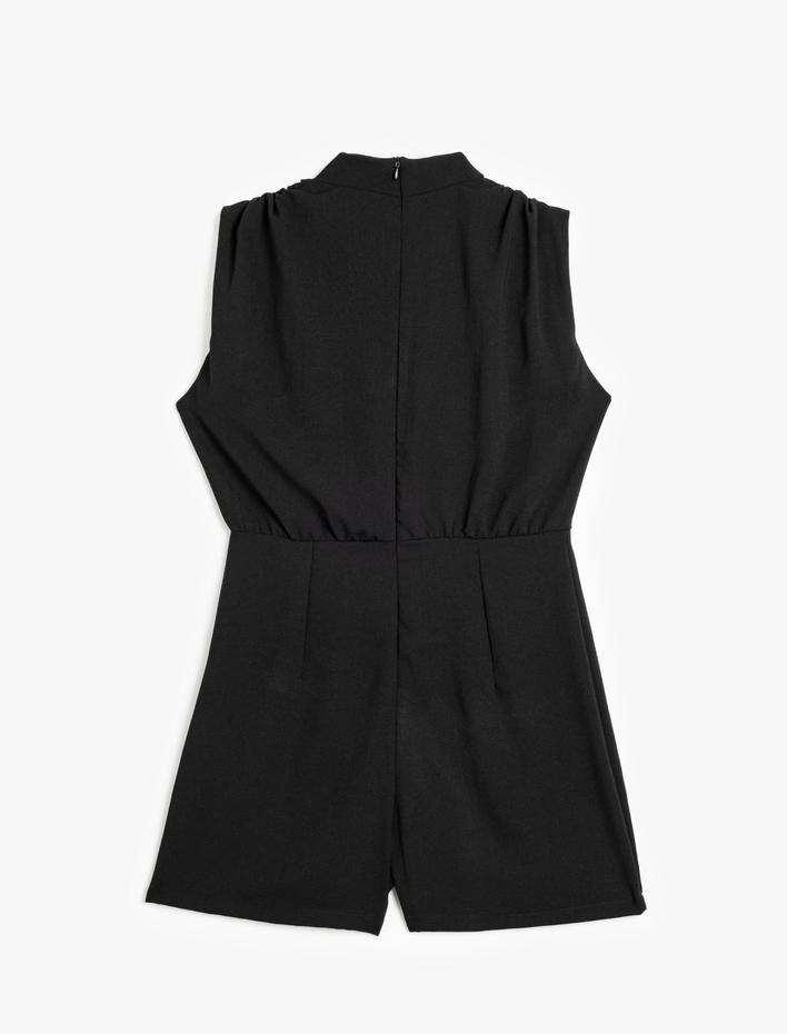  Krep Kumaş Drape Detaylı Degaje Yaka Kolsuz Mini Elbise