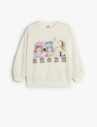 Sweatshirt Anime Baskılı Uzun Kollu Bisiklet Yaka Pamuklu