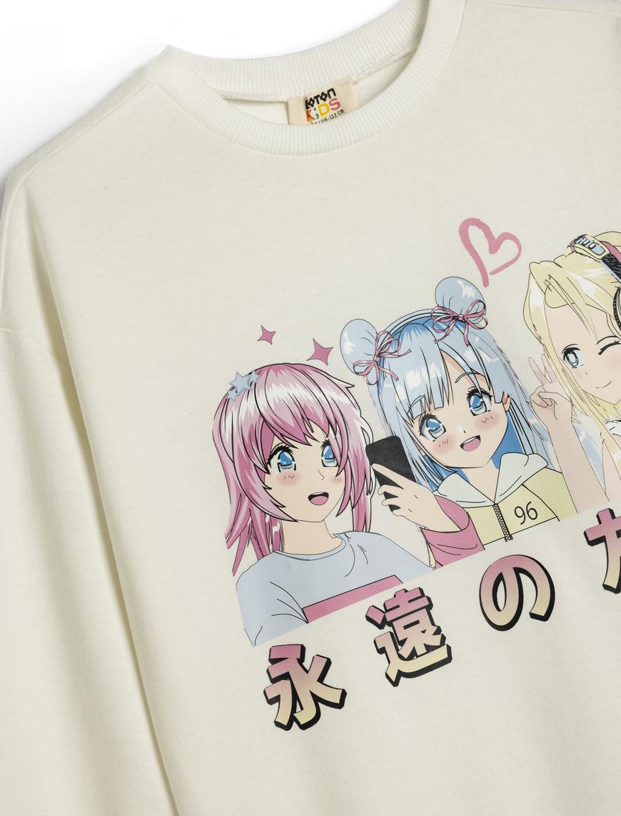  Kız Çocuk Sweatshirt Anime Baskılı Uzun Kollu Bisiklet Yaka Pamuklu