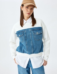 Şardonlu Bisiklet Yaka Uzun Kollu Denim Kumaş Detaylı Cepli Sweatshirt