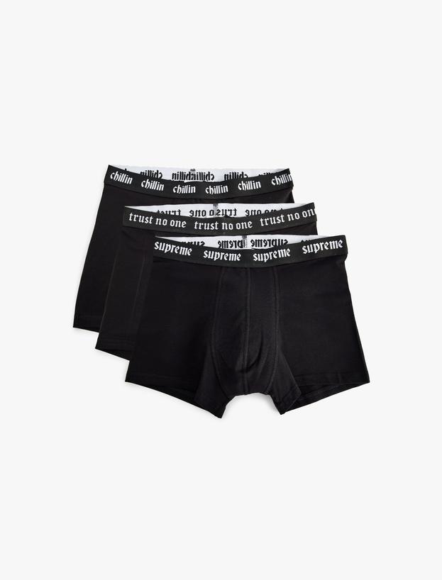 Pamuklu Slogan Baskılı Bel Detaylı 3'lü Boxer Seti_0