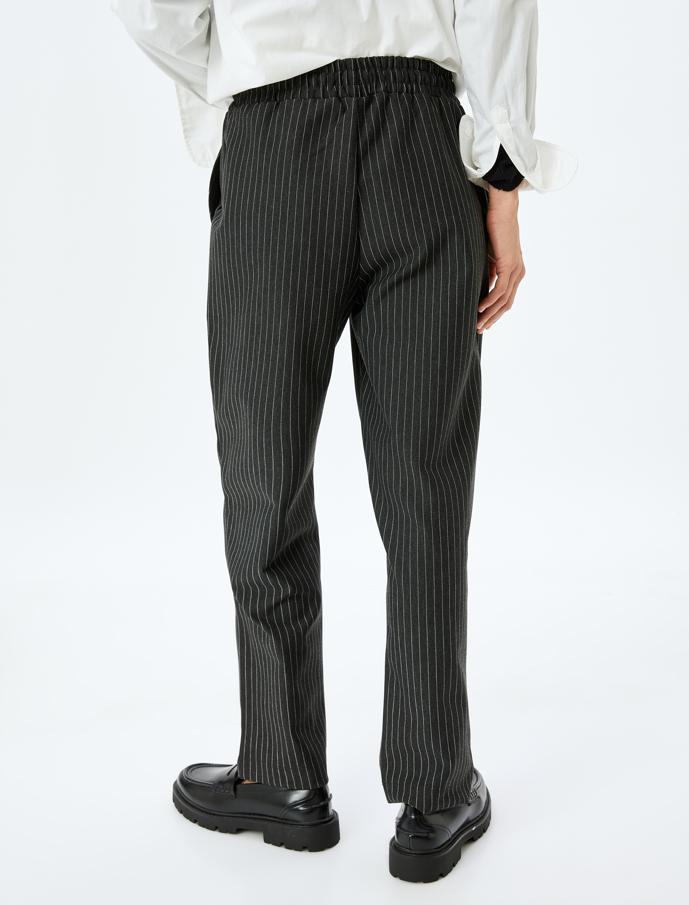   Beli Lastikli Bağlamalı Çizgili Havuç Kesim Kumaş Pantolon