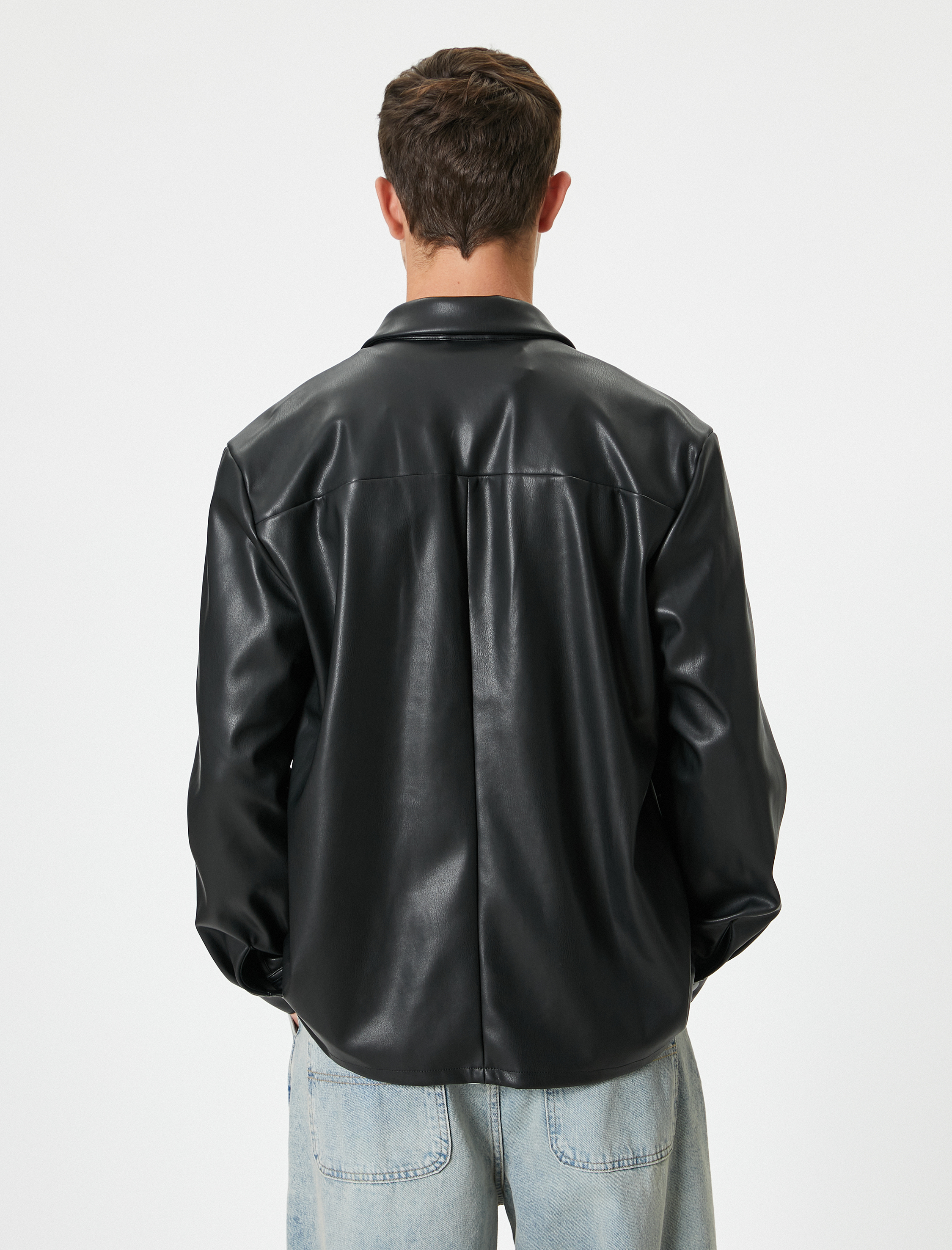   Çıtçıt Düğme Detaylı Kapaklı Cepli Gömlek Yaka Slim Fit Suni Deri Ceket