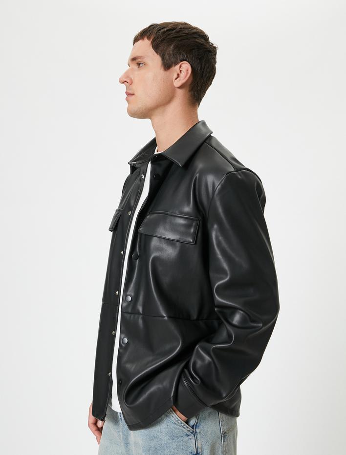  Çıtçıt Düğme Detaylı Kapaklı Cepli Gömlek Yaka Slim Fit Suni Deri Ceket