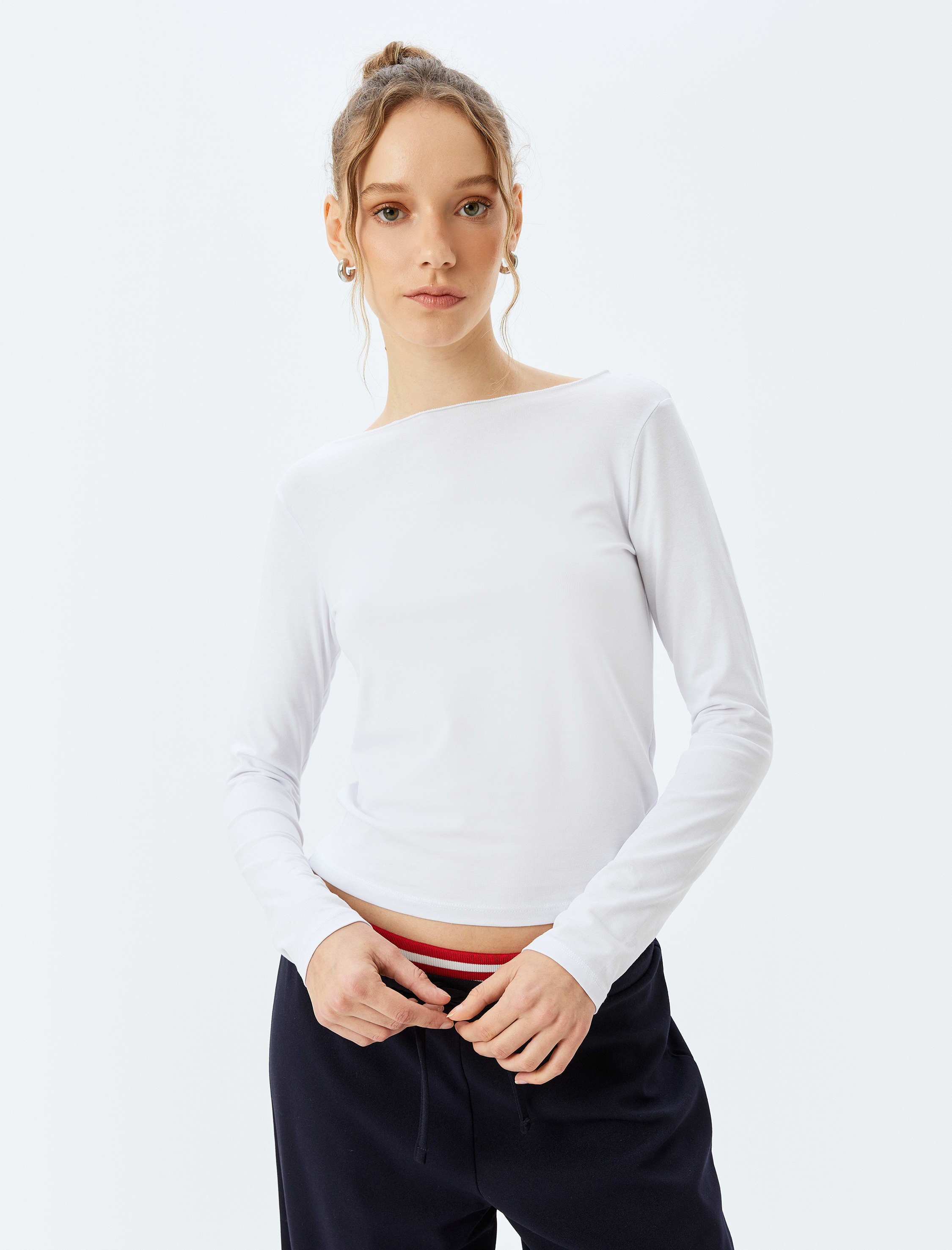   Uzun Kollu Kayık Yaka Slim Fit Pamuklu Tişört - 2'li Tişört Seti