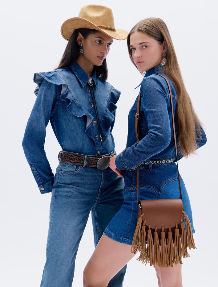  Kot Gömlek Fırfır Detaylı Uzun Kollu Düğmeli Bol Kalıp