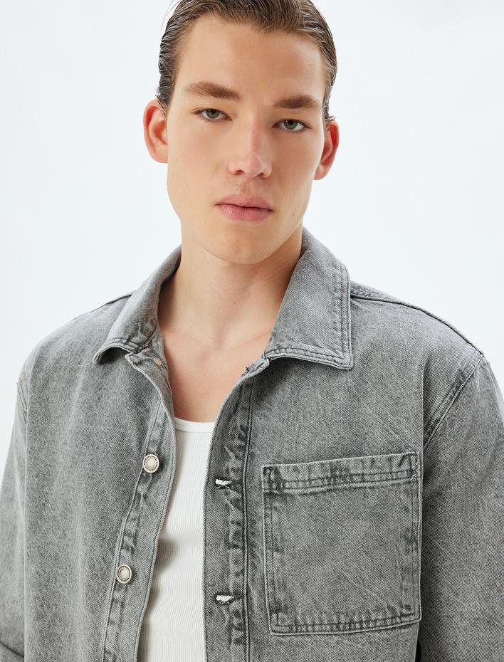  Kot Ceket Oversize Gömlek Yaka Cep Detaylı Düğmeli Pamuklu