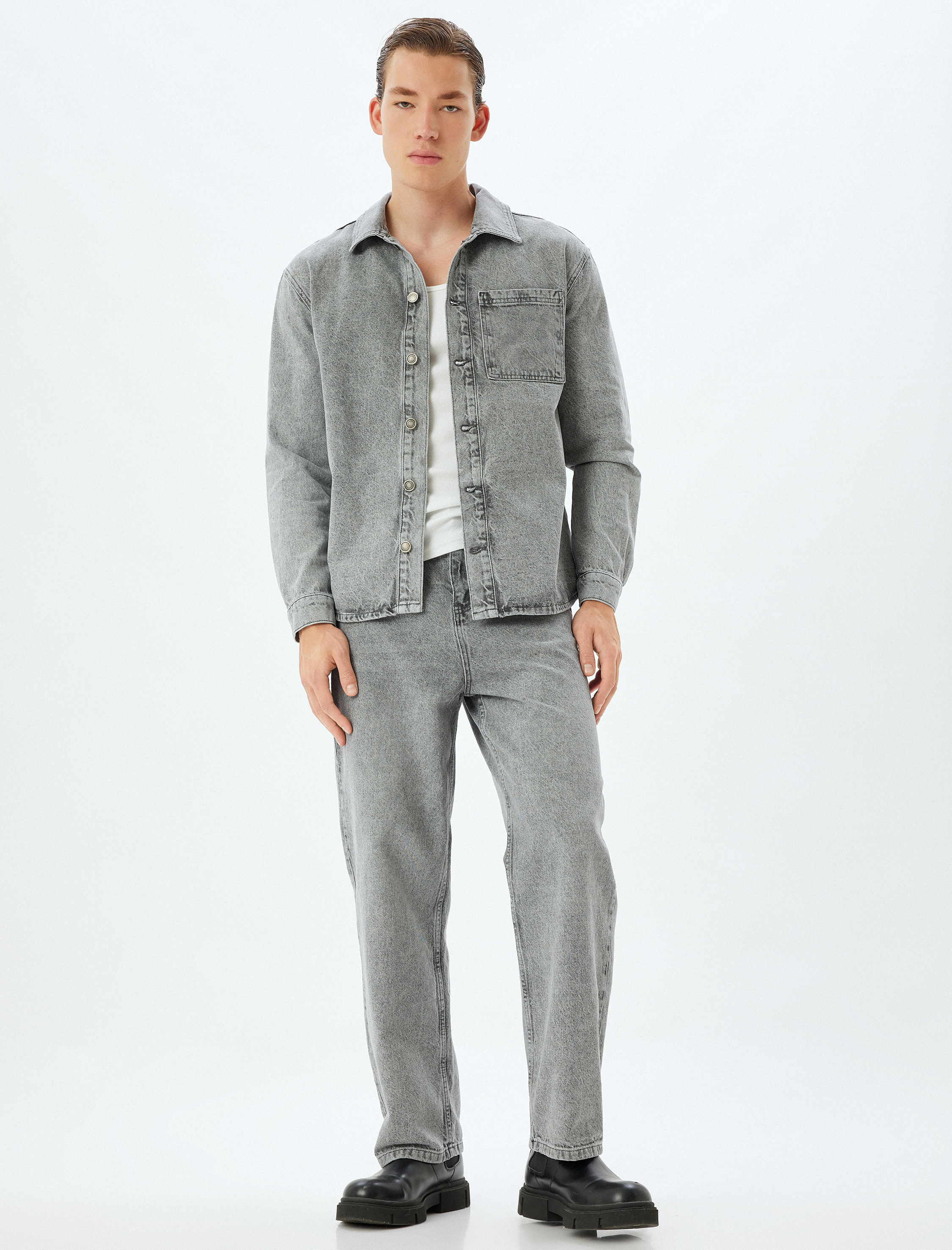   Kot Ceket Oversize Gömlek Yaka Cep Detaylı Düğmeli Pamuklu