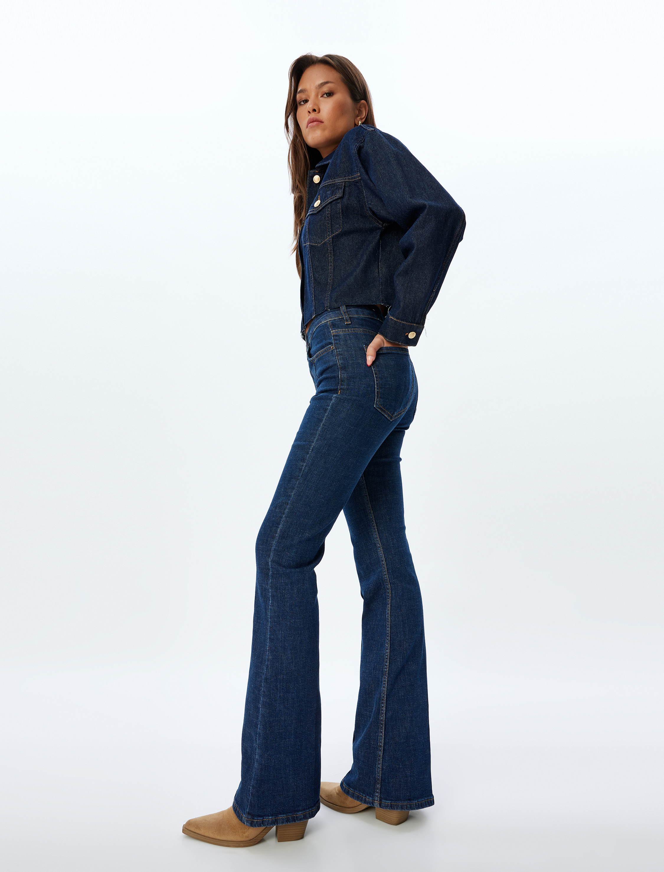   İspanyol Paça Kot Pantolon Yüksek Bel Slim Fit Nervürlü Düğmeli Pamuklu - Flare Jeans