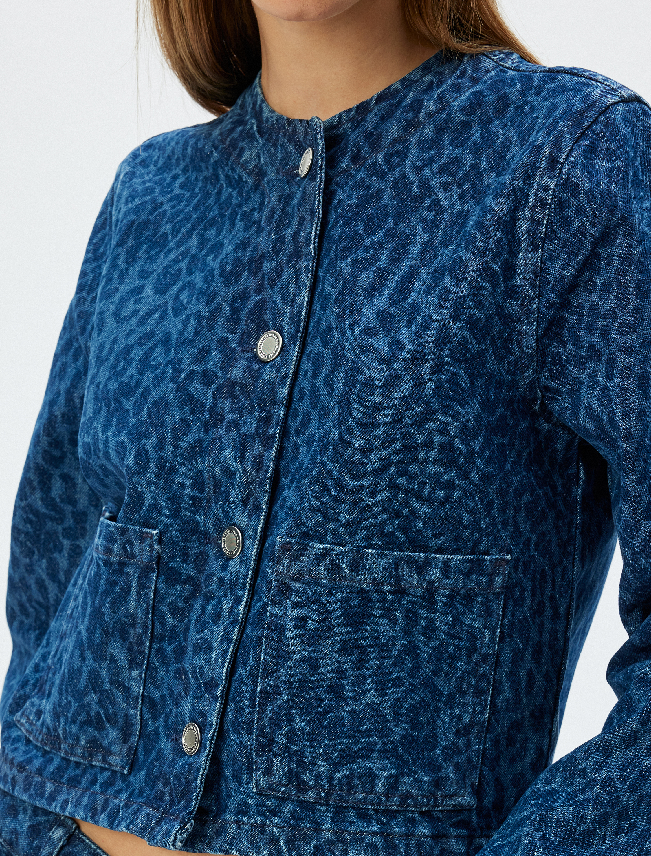 Kot Ceket Bisiklet Yaka Leopar Baskılı Düğmeli Cep Detaylı