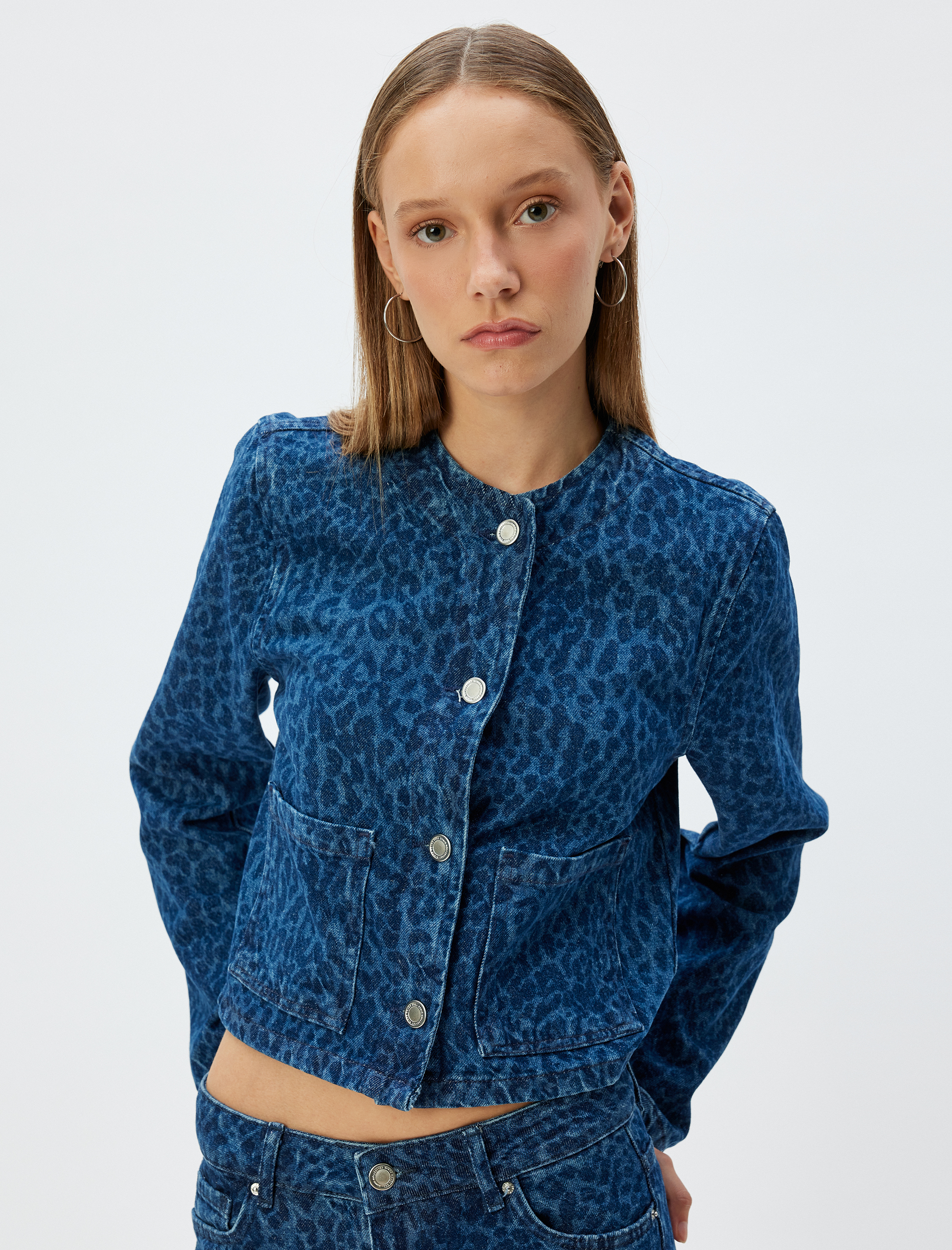 Kot Ceket Bisiklet Yaka Leopar Baskılı Düğmeli Cep Detaylı