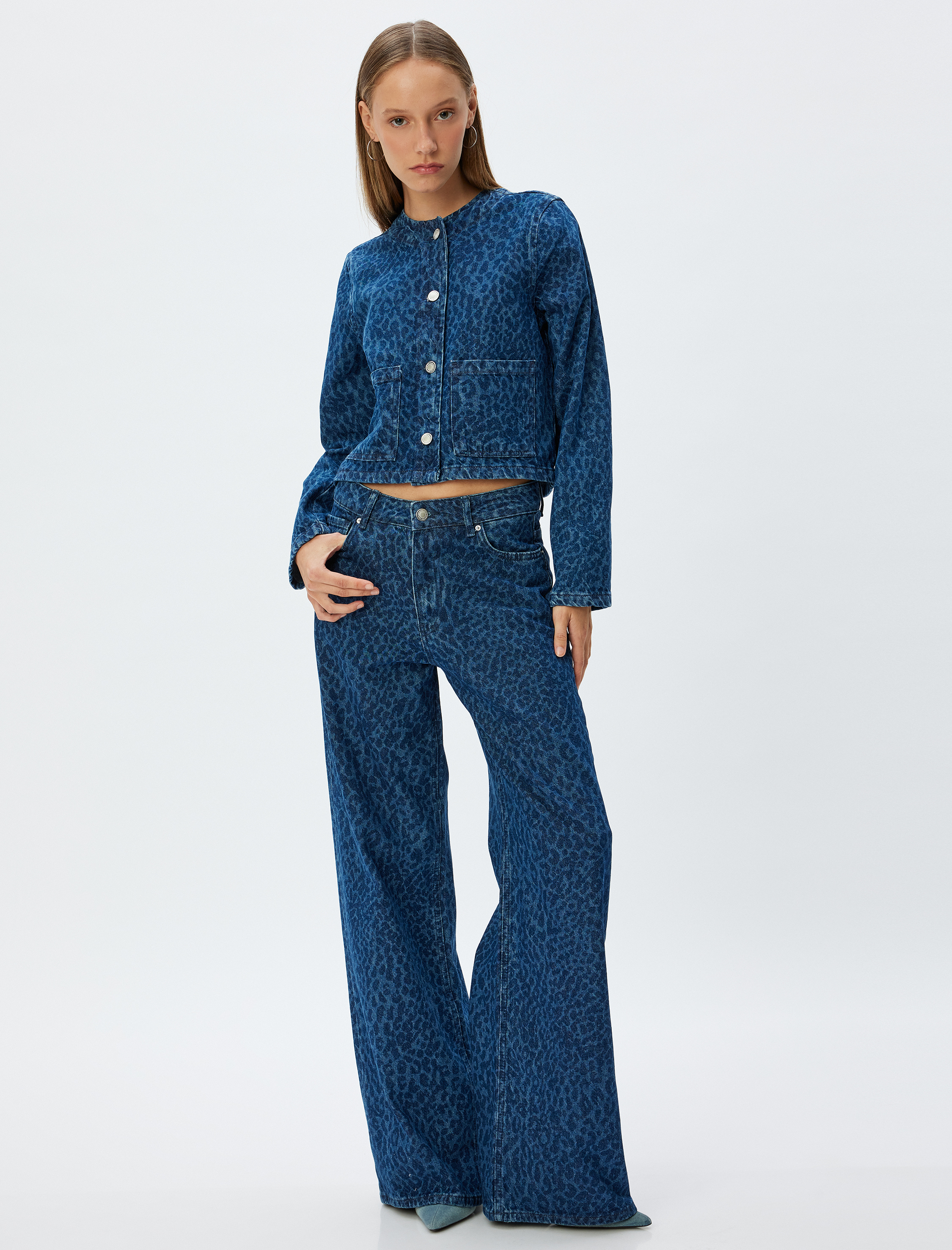 Kot Ceket Bisiklet Yaka Leopar Baskılı Düğmeli Cep Detaylı