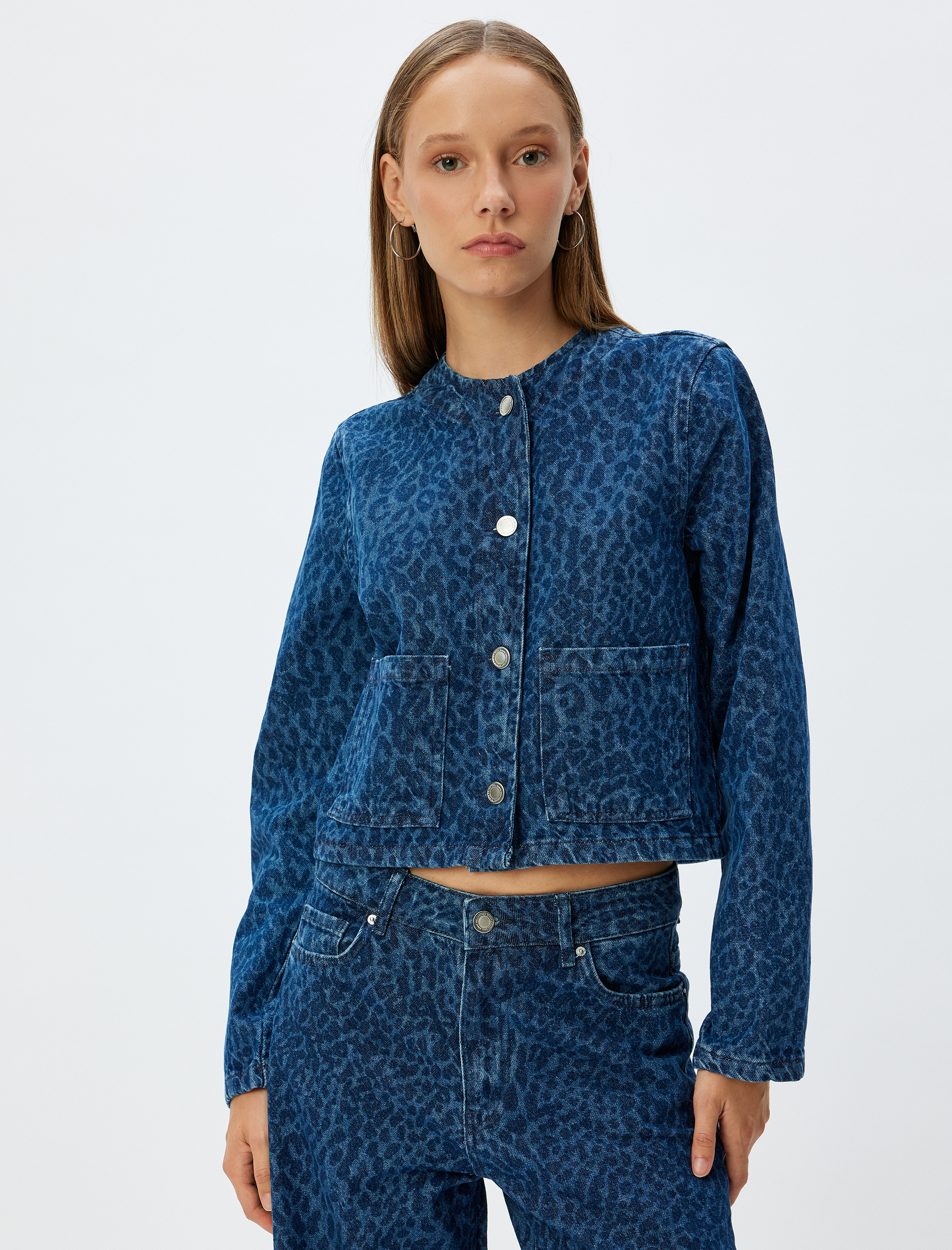 Kot Ceket Bisiklet Yaka Leopar Baskılı Düğmeli Cep Detaylı