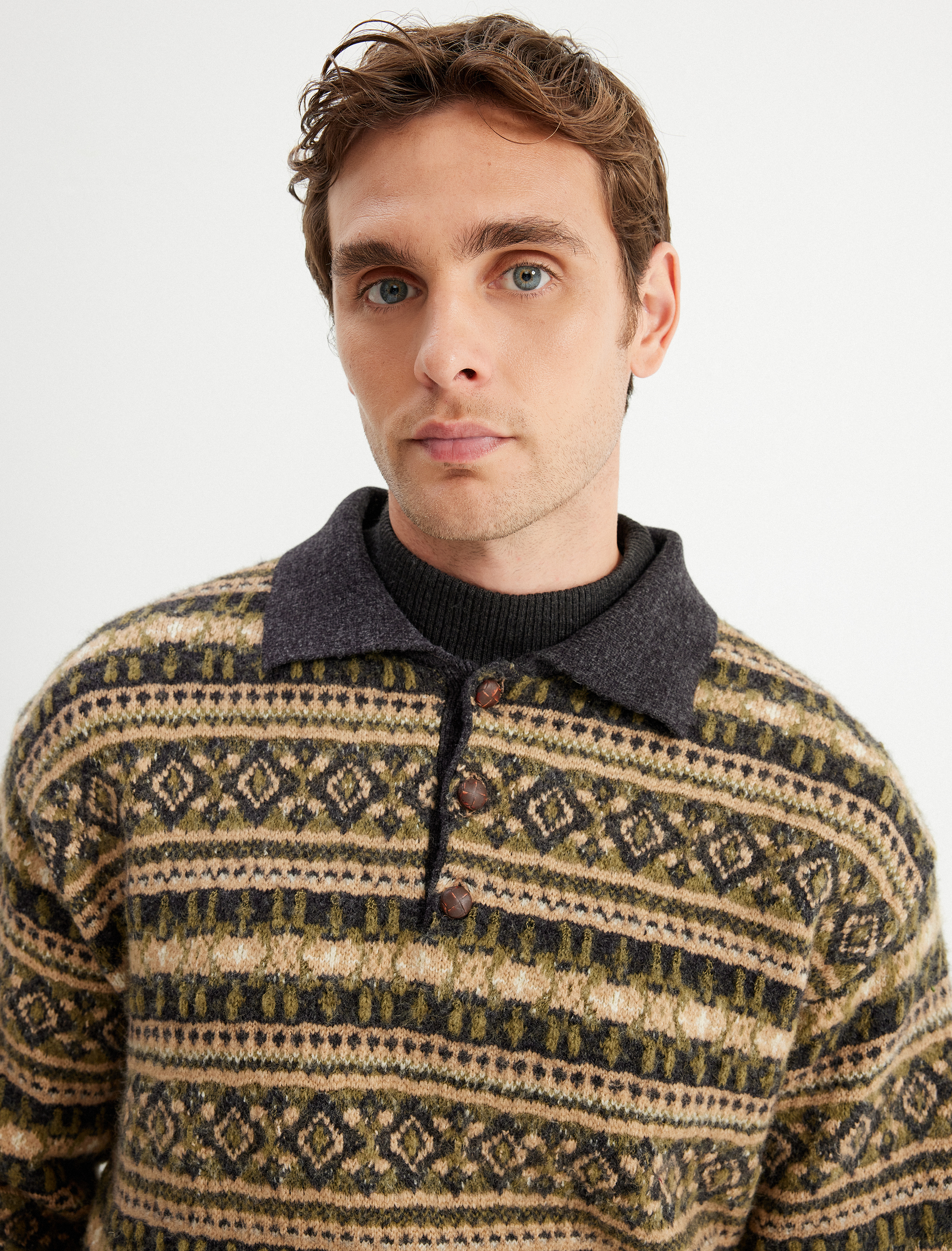   Kışlık Triko Kazak Polo Yaka Düğme Detaylı