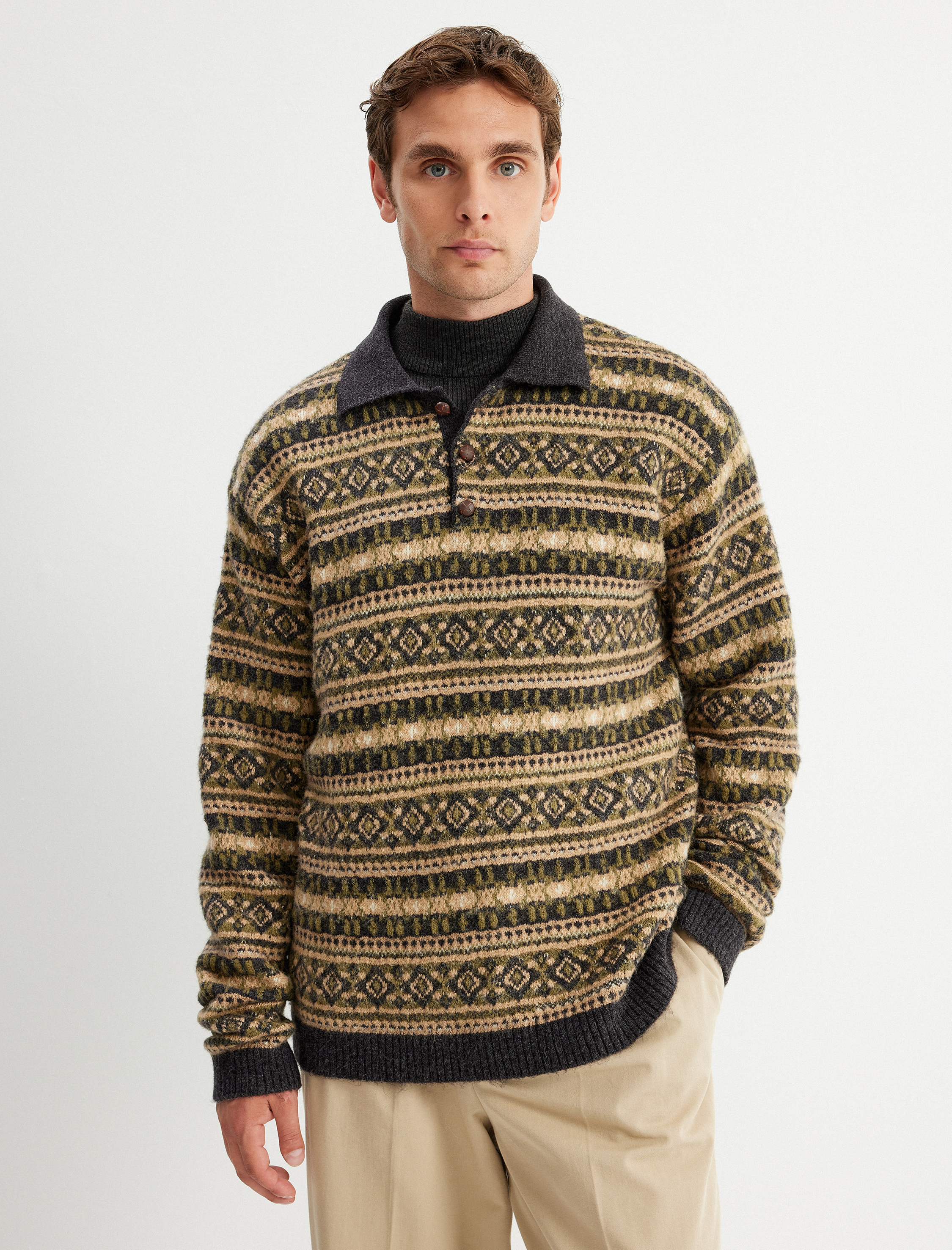   Kışlık Triko Kazak Polo Yaka Düğme Detaylı