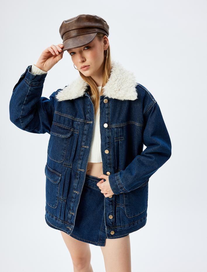  Kot Ceket Suni Kürk Yaka Cep Detaylı Düğmeli Rahat Kalıp